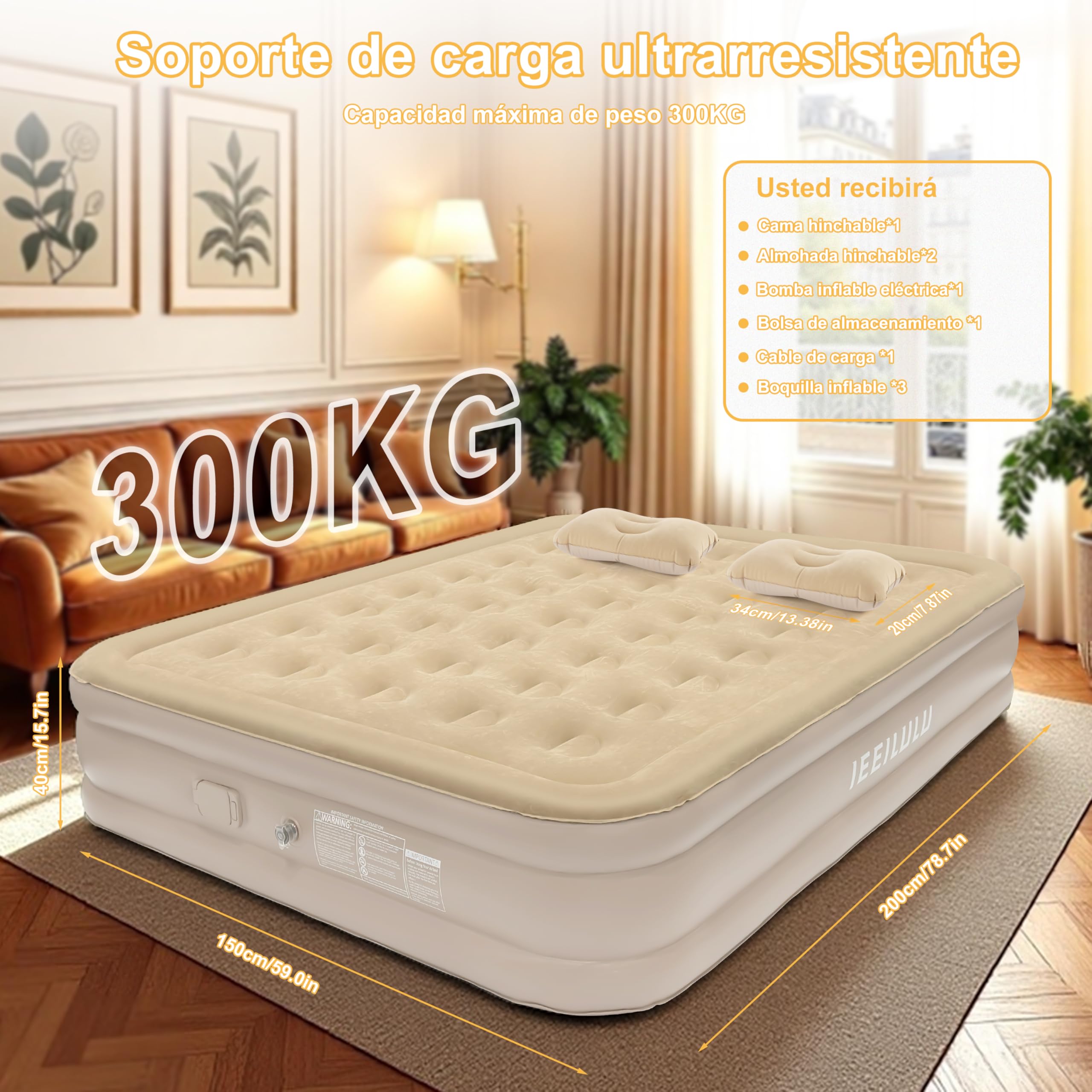 IEEILULU Colchón Hinchable con Bomba Eléctrica, Rápido Inflado y Desinflado, Portátil Cama de Aire con Almohada y Función de Luz Nocturna, Camas hinchables para el Hogar, Viajes y Camping (Doble)
