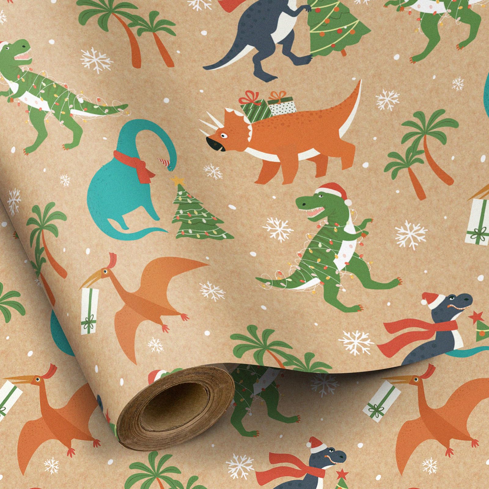 RUSPEPA Christmas Kraft Wrapping Paper Roll - Dinosaur Design for Christmas Giftt Wrapping β 43.2 cm x 10 m