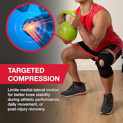 Miniatura 3 de Mueller Estabilizador de rodilla autoajustable, negro, talla única | Mide tres pulgadas por encima de la rodilla, se adapta a 14 "- 20"