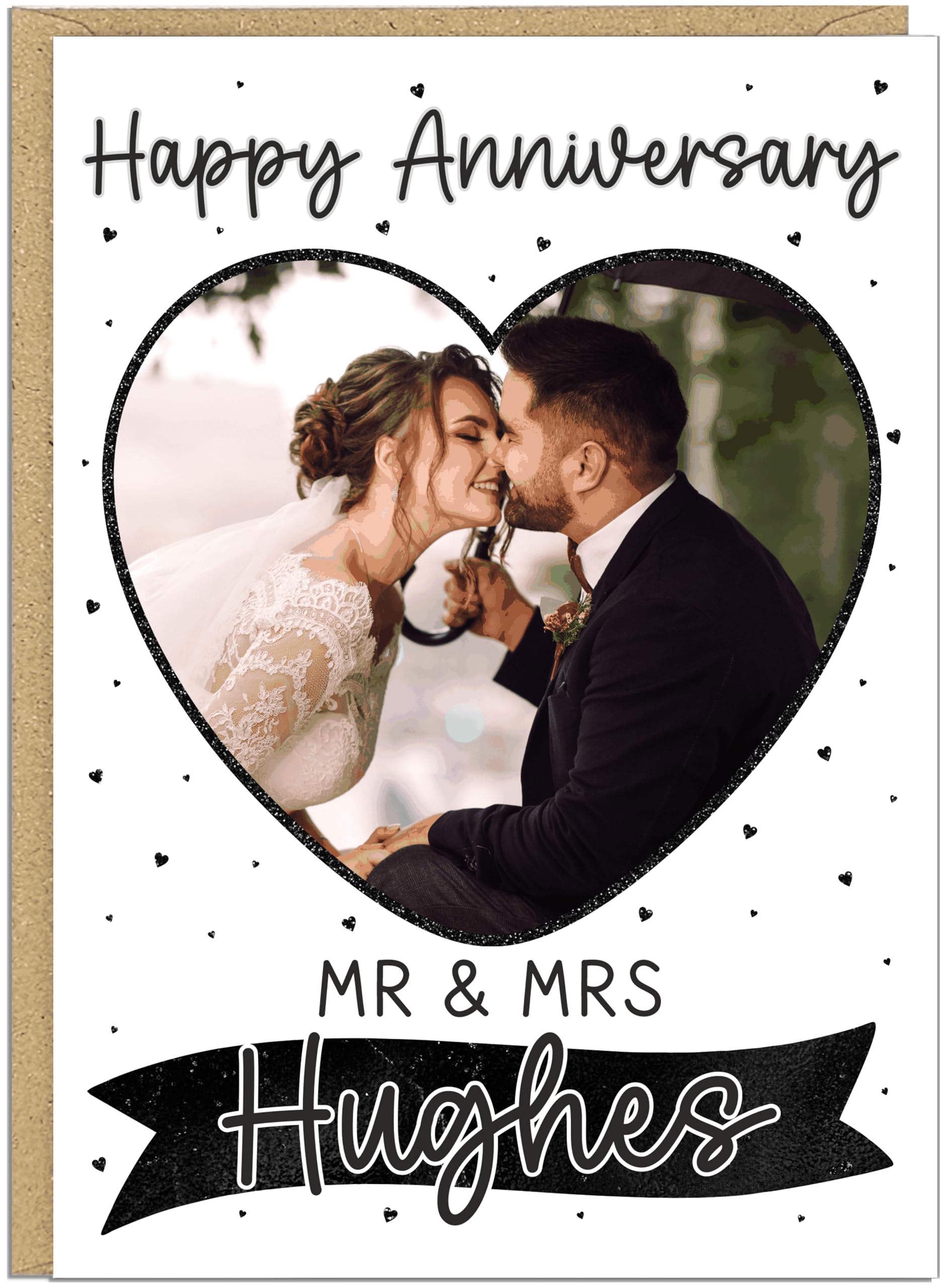 Happy Wedding Anniversary Personalised Cards Custom Mr & Mrs Surname Upload Own Photo Heart Frame Happy Anniversary Keepsake for Couples Husband Wife A5 (Black)