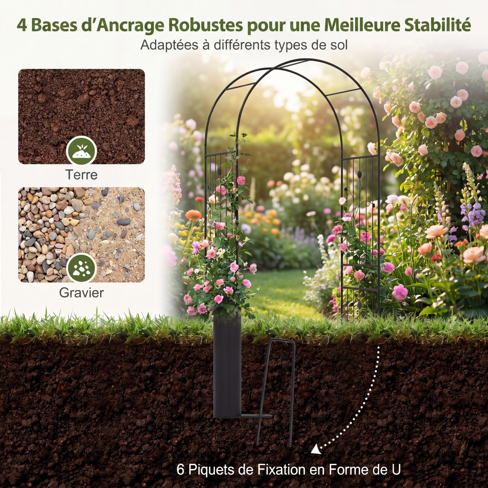 GYMAX Arche de Jardin avec 2 Jardinières, Treillis Métallique avec Pique pour Plantes Grimpantes & Rosiers, Arche de Rose avec bac à Fleurs, pour Mariage, Pelouse, Arrière-Cour