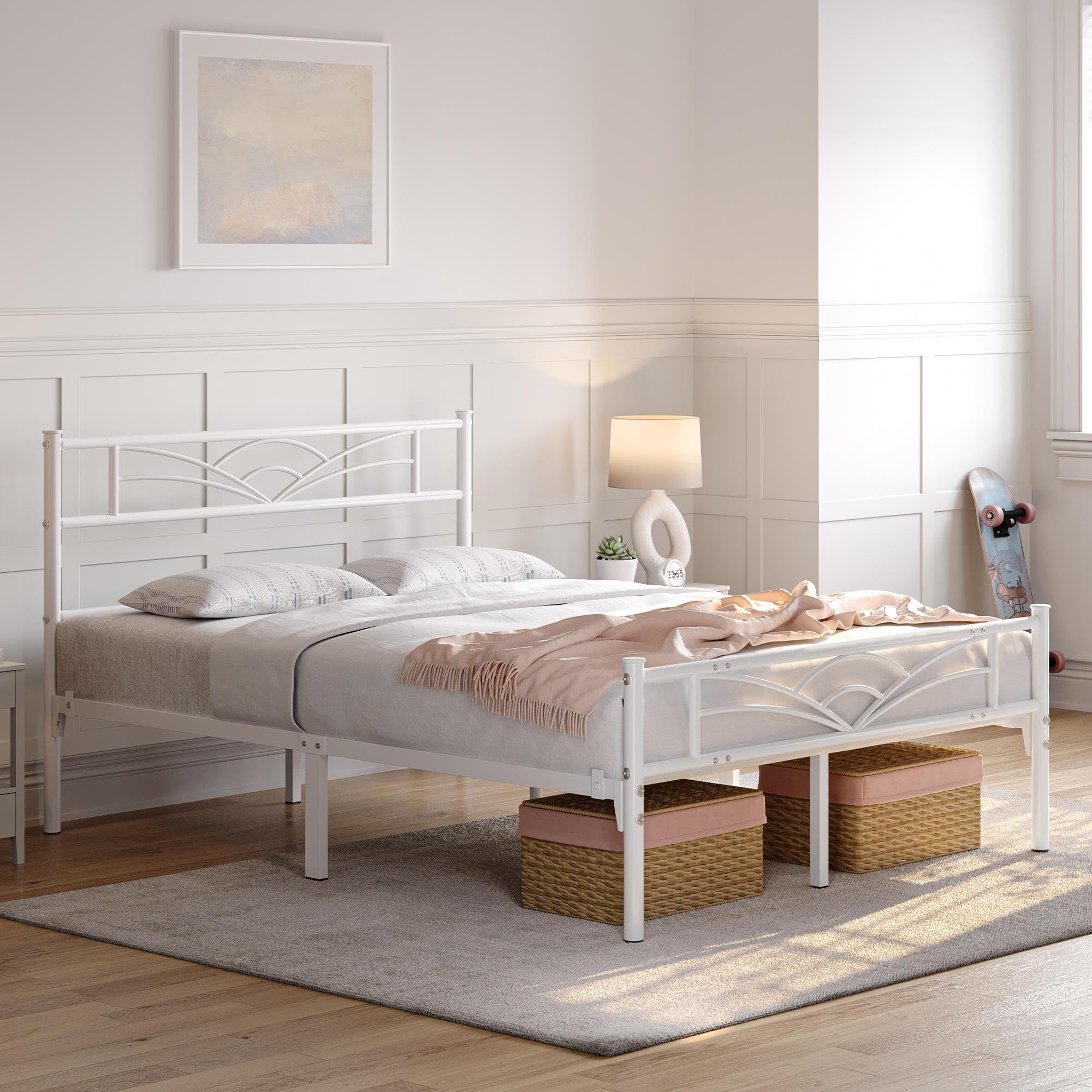 Yaheetech Cama Doble Marco Metal 32 cm 135 x 190 cm Blanco