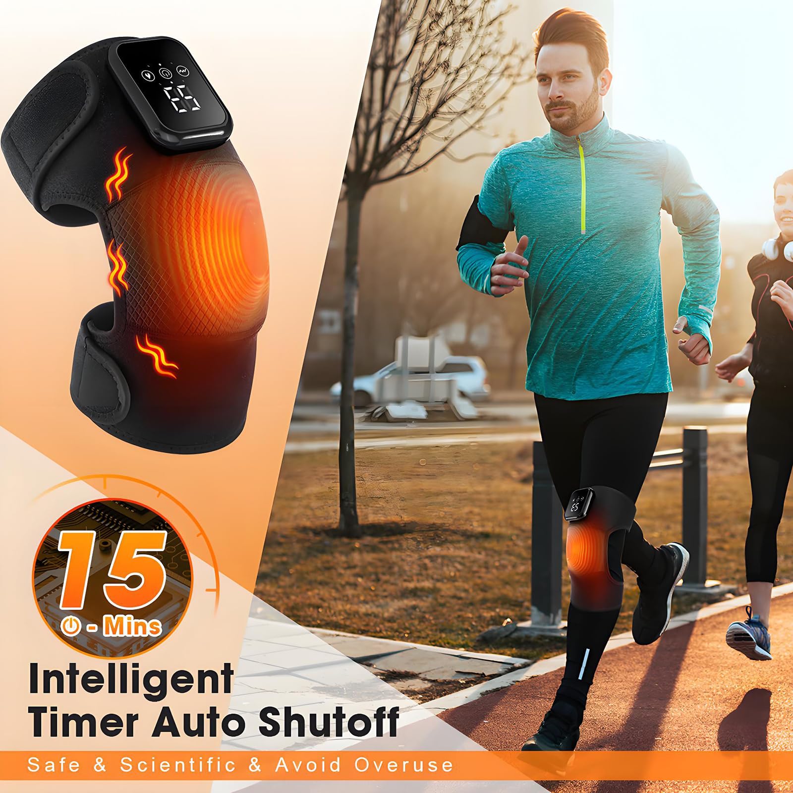 Kabellose Beheizte Kniebandage, 3 einstellbare Heiz- & Vibrationsmodi, 2000mAh Knie Massagegerät mit LED-Bildschirm & Touch-Tasten, 15 Minuten Zeit (Heated Knee Support)