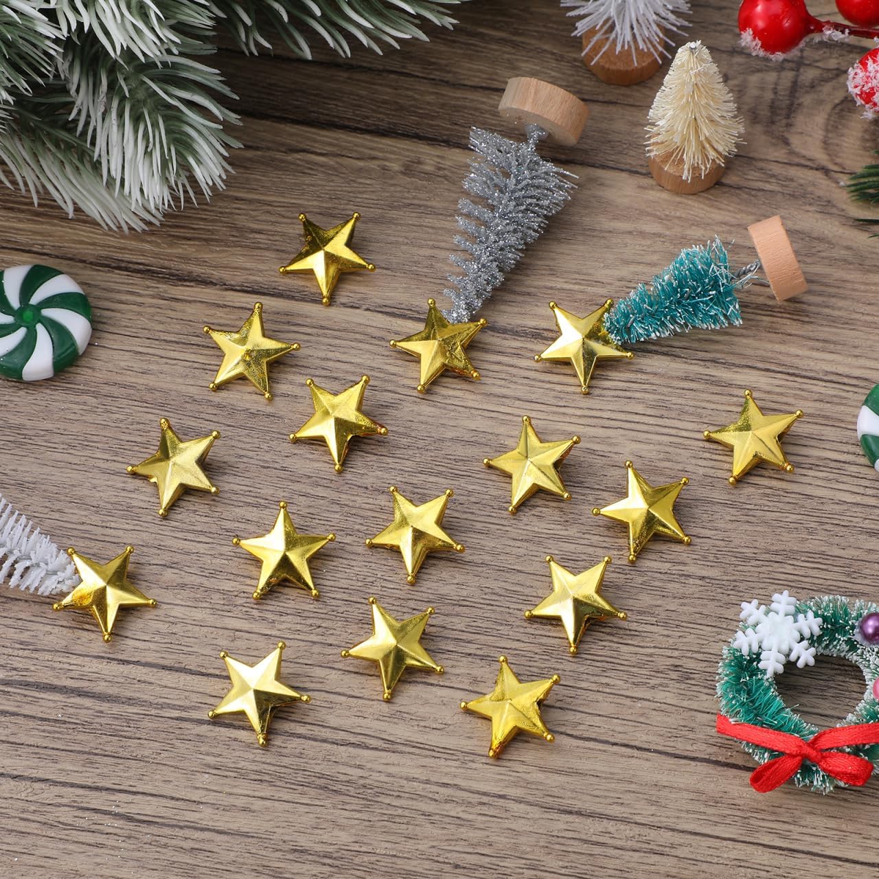 PRETYZOOM 50pcs Mini Golden Christmas Tree Topper Stars with Inner Treetop Decor for Home Party Festival Craft Ornaments