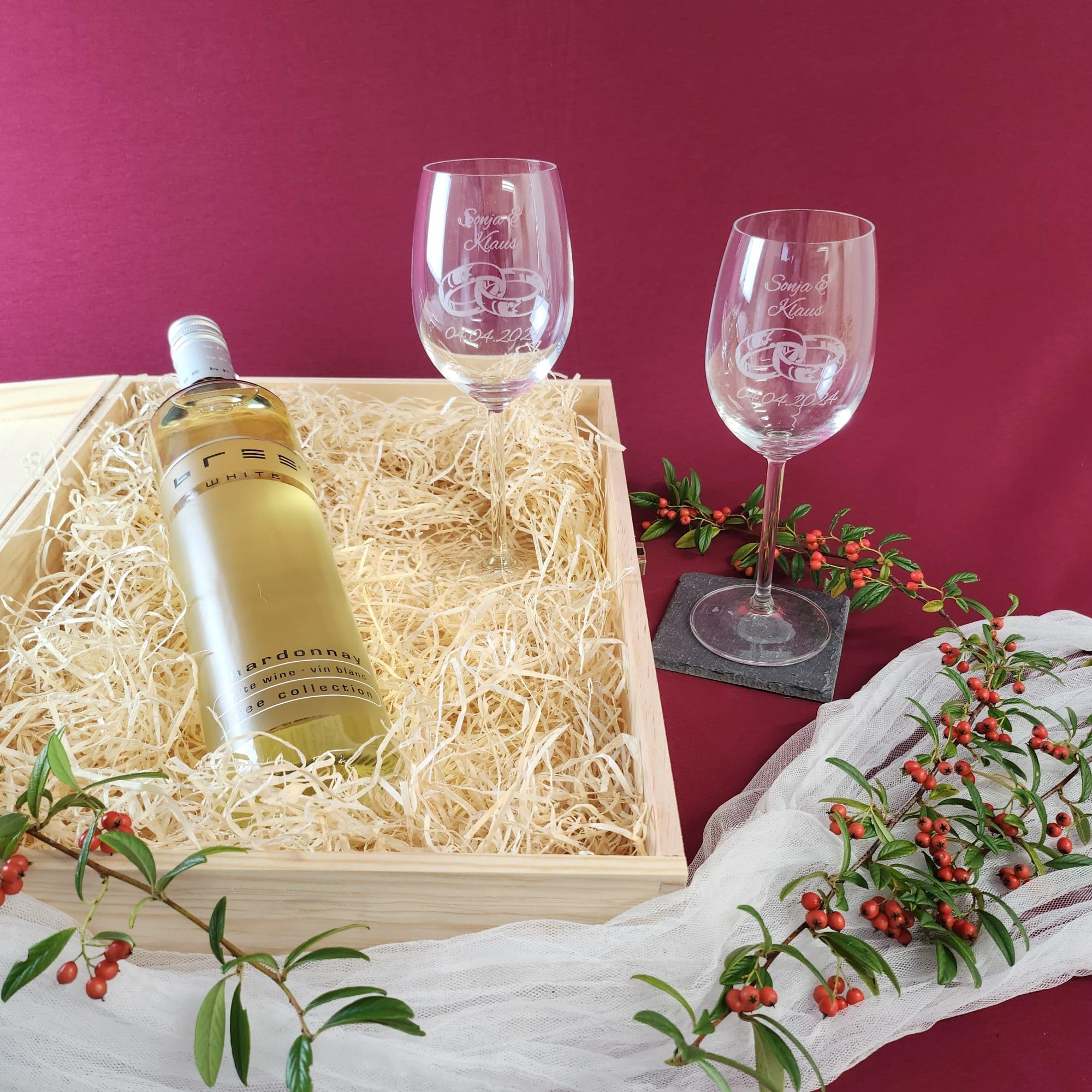 laser-diele Geschenk zur Hochzeit – Wein Geschenksets – Weinglas mit Gravur – Geschenke für Paare – Weißwein – Ringe