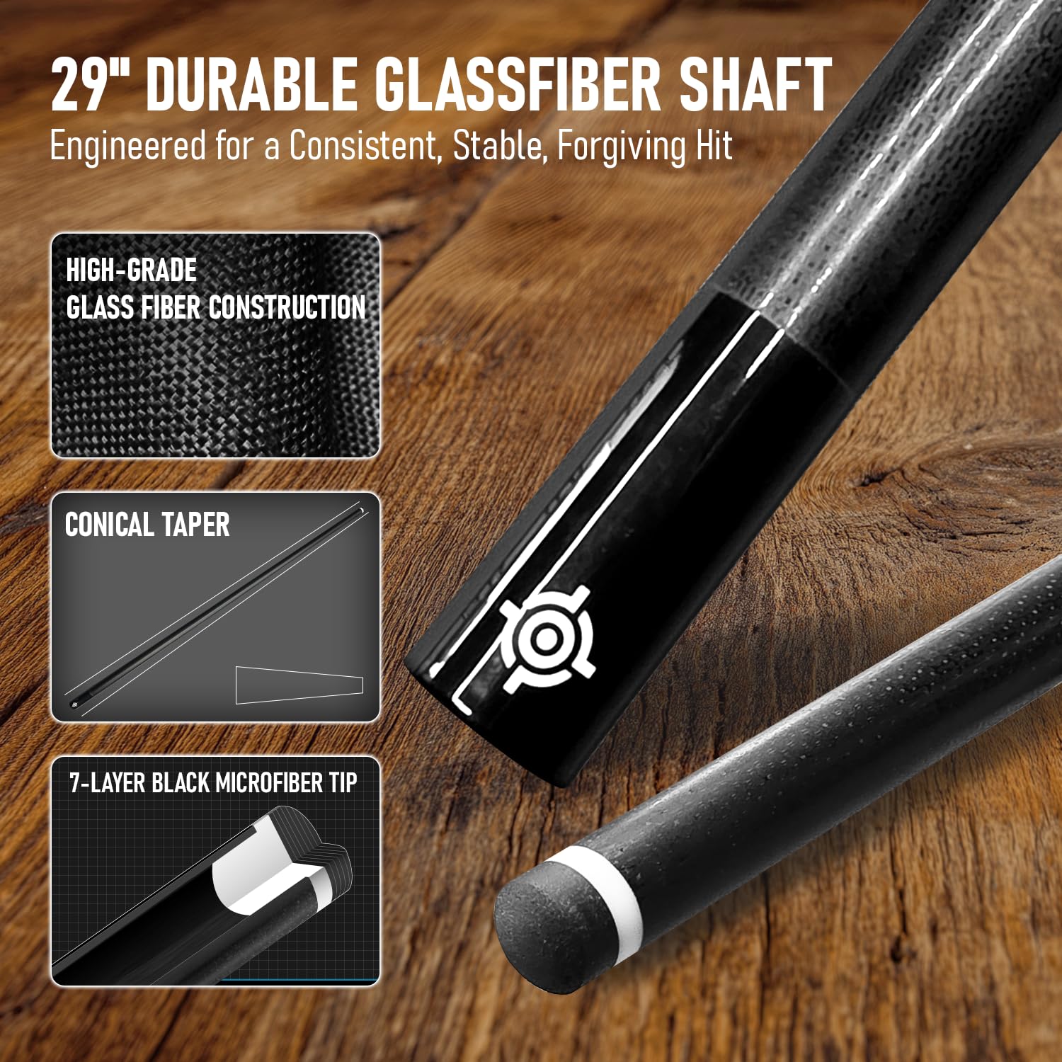 CUEBOTS CGW-Serie, Glasfaser-Pool-Queue-Stick, 73,7 cm Glasfaserschaft, 3/8-10-Gelenk, konischer Kegel, Elefanten-Textur-Mikrofaser-Ledergriff, 12,5 mm, 7-lagige Mikrofaser-Spitze