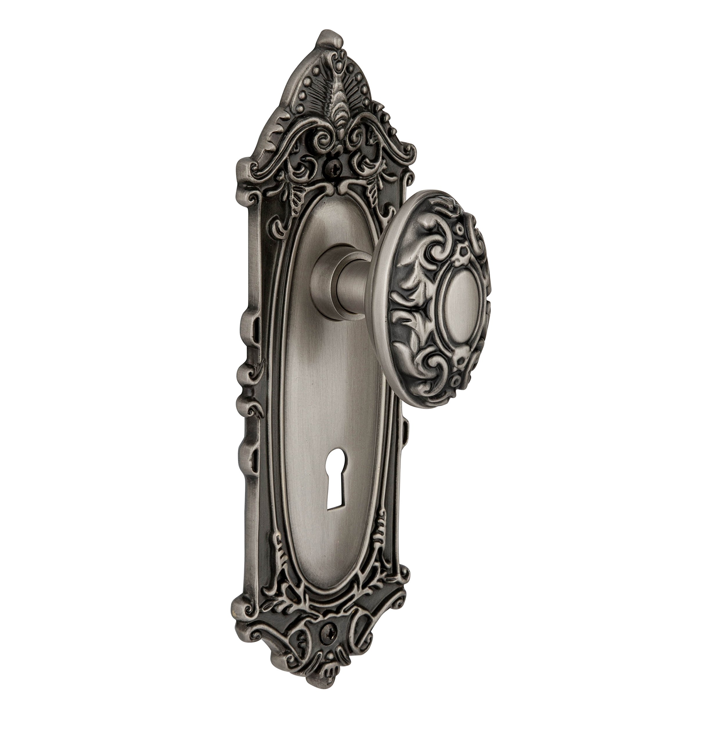 NostalgicWarehouse Victorian Plate with Keyhole Victorian Knob, Mortise - 2.25", Antique Pewter