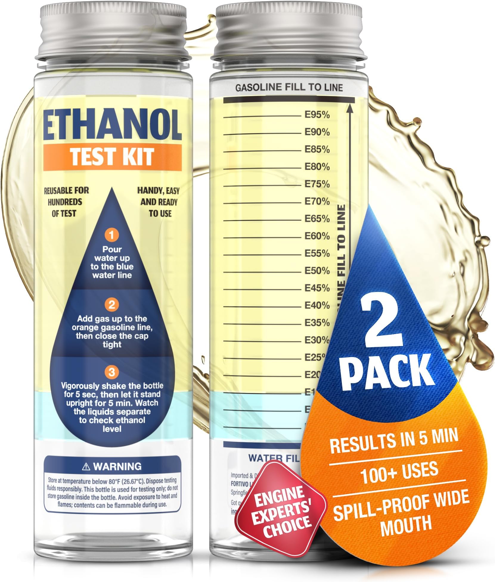 FORTIVO 2-Pack Ethanol Test Kit - Spill-Free Wide Mouth E85 Tester with Bold Markings, Compact Design for Hundreds of Tests, Accurate Results in 5 Minutes