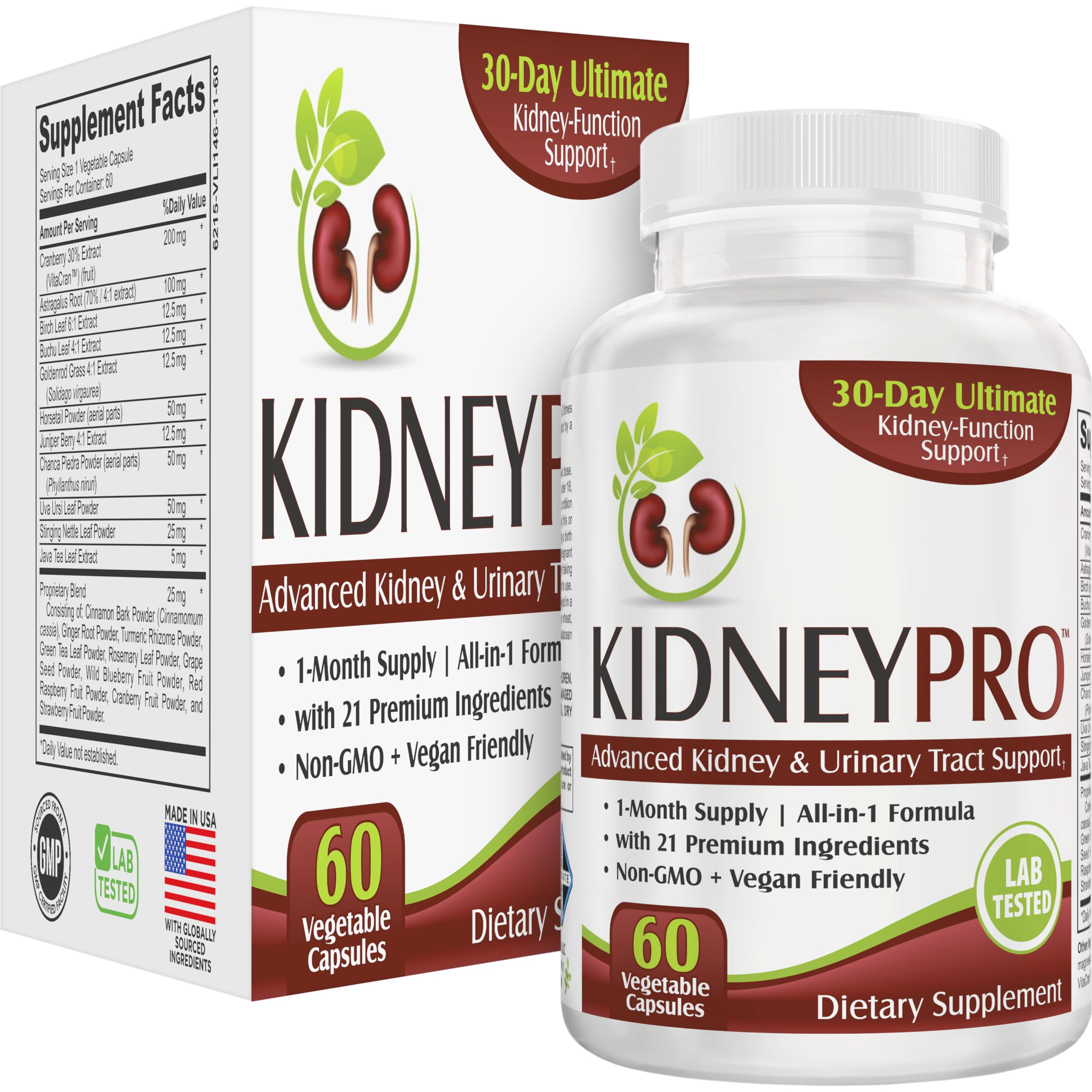 Kidney-Pro (All-in-1) with 21 Kidney Health Supplements in 1 Formula Including Cranberry Extract - Total Kidney Support Supplement - Kidney Cleanse Detox - Easy to Swallow - 60 Veggie Capsules