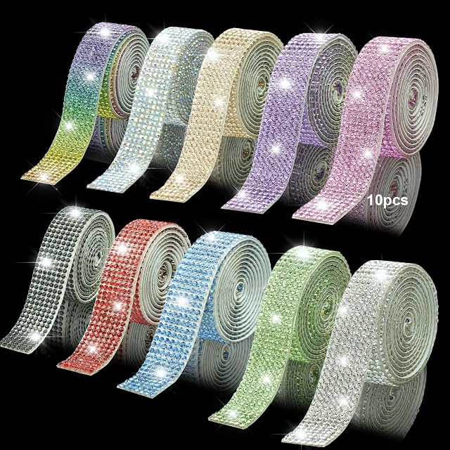 Giyiprpi 10 Rolls Diamond Bling Crystal Rhinestone Ribbon, Self Adhesive DIY Rhinestones Sequin Strips Sticker, Glisten Rhinestone Sequin Decoration for Crafts Wedding Party Shoes Clothing (Style 2)