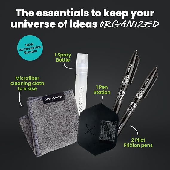 Rocketbook Accessory Kit Complete Set with 2 FriXion Gel Pens, Spray Bottle, Microfiber Cloth & Pen Dock Compatible with Rocketbook Notebooks & Planners for Effortless Organization Daily