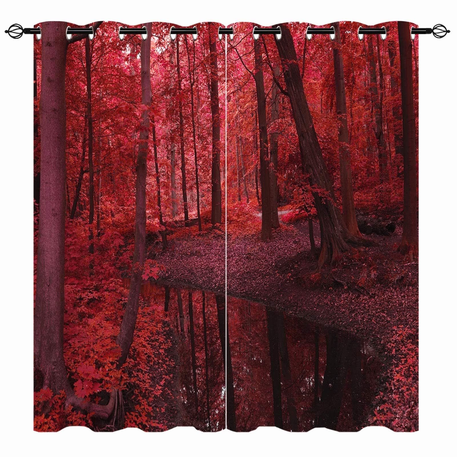 YUANZU Woodland Curtains - Nature Forest Wild Red Tree Leaf Creek Landscape Scenery Print Pattern Eyelet Blackout Thermal Room Darkening Window Drapes for Bedroom Living Room 2 Panels W132cm x D160cm