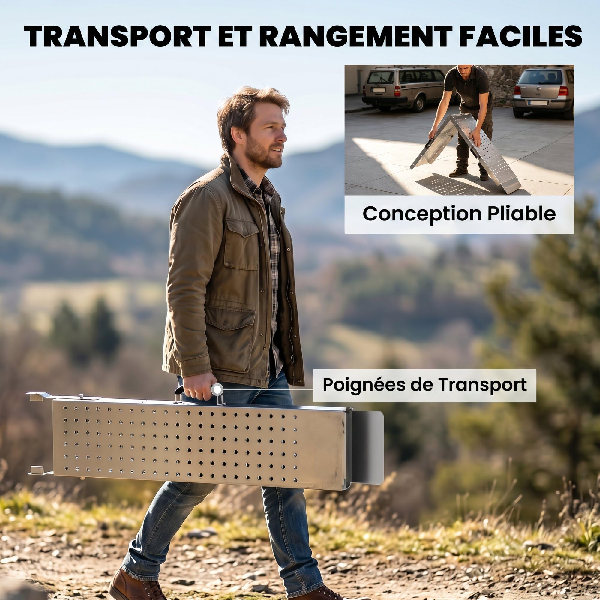 HOMCOM Rampes de Chargement Pliantes Lot de 2 180 x 25,5 cm Argent | Avec Poignées, Rampe d'Accès en Métal Galvanisé, Surface Antidérapante, Charge Max. 400 kg, pour Moto Quad ATV Remorque
