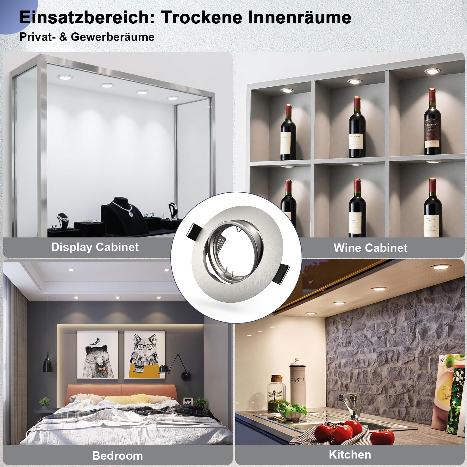 12x Einbaustrahler GU10 Einbauleuchten Schwenkbar Rund Einbaurahmen 68mm LED Spots 230V Edelstahl Gebürstet Einbauspots Rahmen inkl. GU10 Fassung für LED oder Halogen