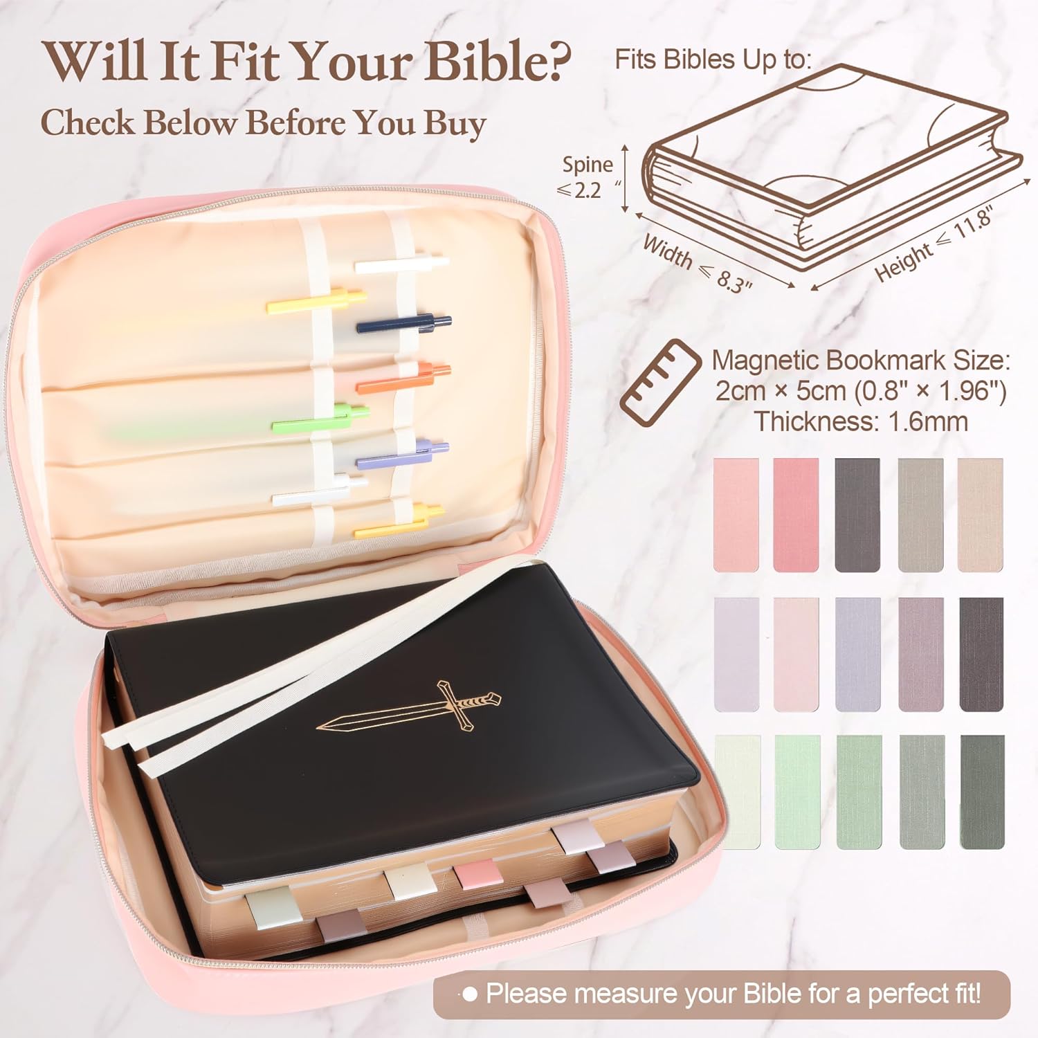 Durable and Protective Bible Cover Case for Women,Portable Bible Carrier Organizer Bag with Zipper,Christian Gift for Women,Includes 15 Magnetic Bookmarks,Great for Church,Travel or Daily Use, Pink - Image 2