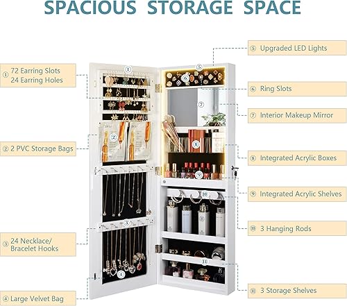 Miniatura 3 de Ylued Armario de joyería con espejo LED, organizador de joyas montado en la paredpuerta con espejo de longitud completa, espejo con cerradura con