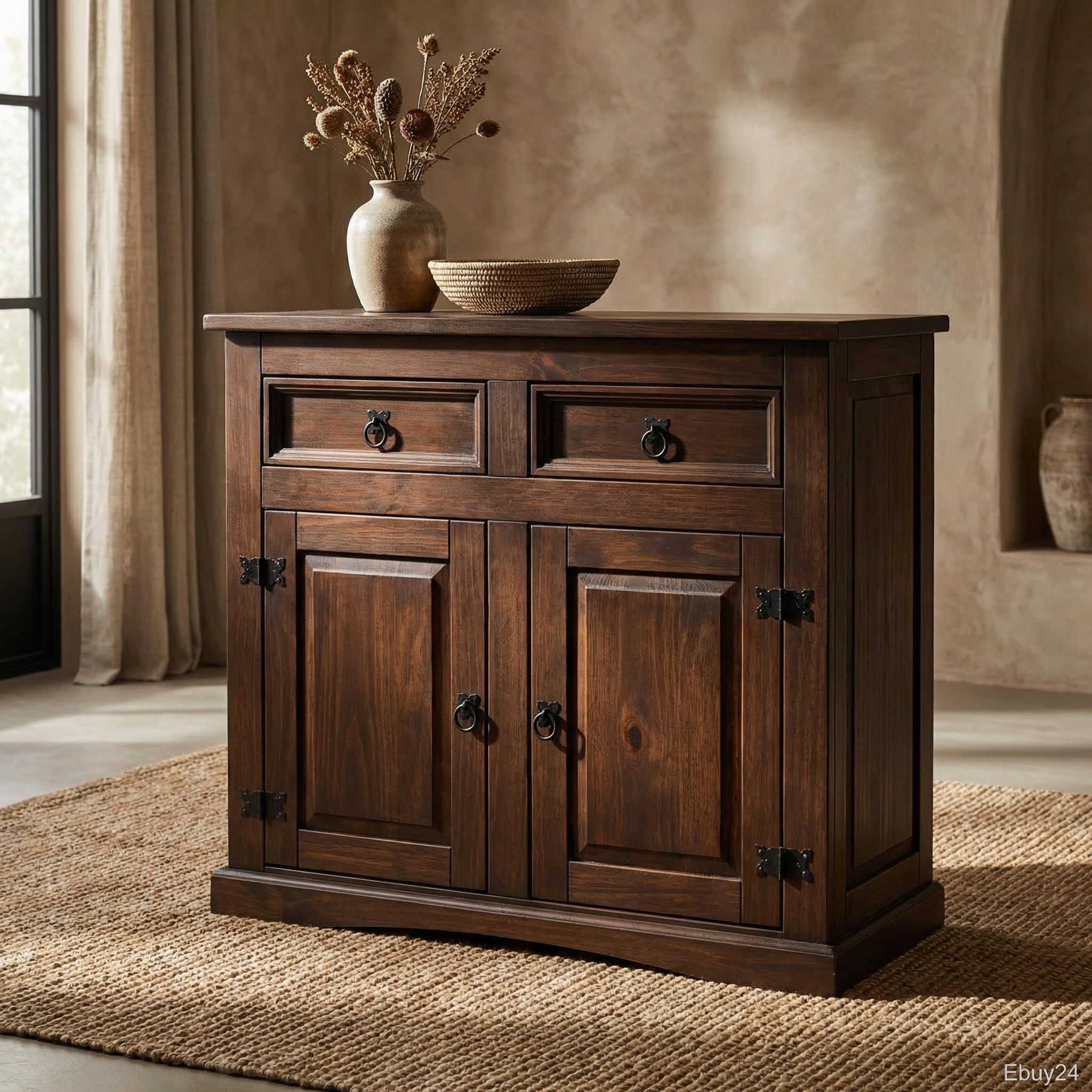 Sideboard Schlafzimmer - New Mexico 2 Türen 2 Schubladen kolonial Dunkelbraun 92x84x44 cm Kiefer massiv Kommode Anrichte Landhausstil Massivholz Stauraum Wohnzimmerschrank Buffet Holzschrank