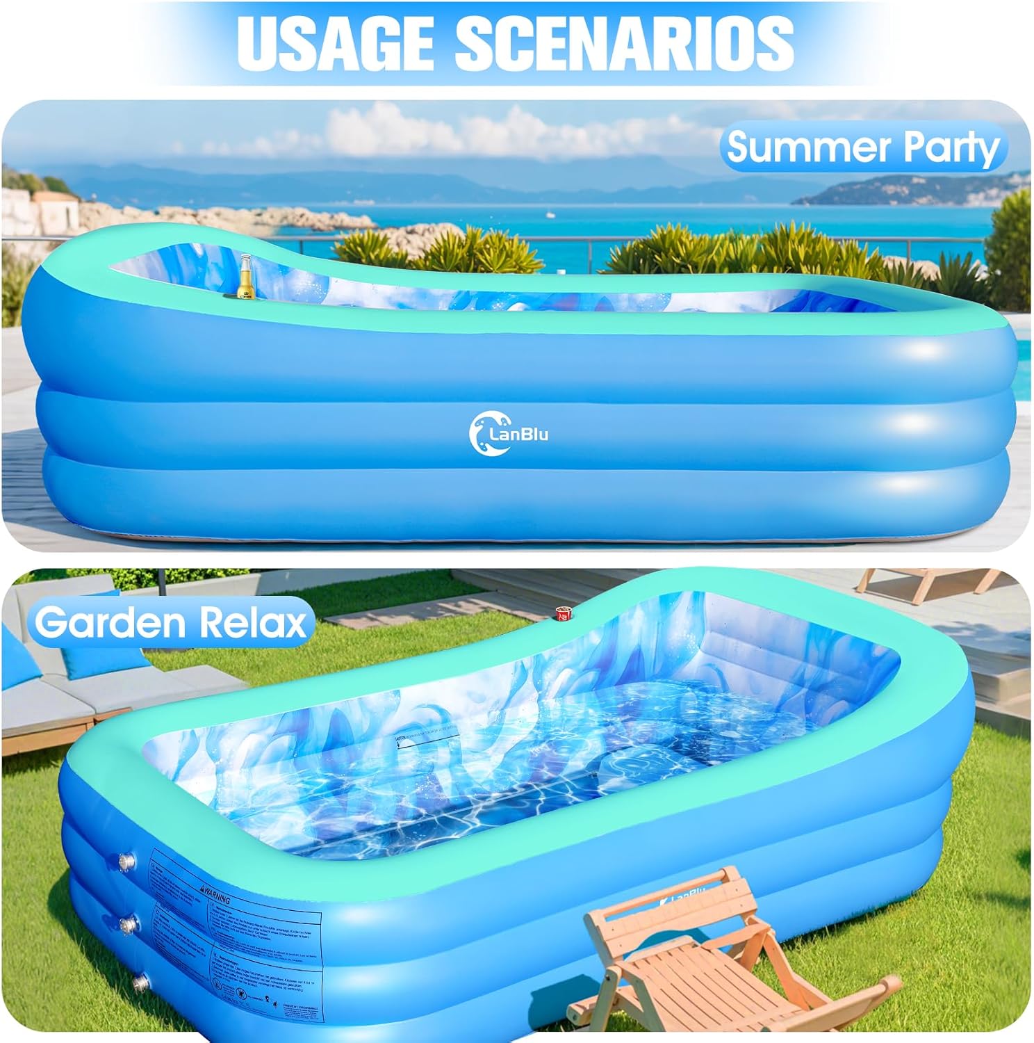 Inflatable Pool with Big Backrest and Seat,Oversized Thickened Large BlowUpPool for Adults,Inflatable Backyard Pools for Adult,Durable Swimming Pools Summer Water Party98 x63 x21.6(Green)