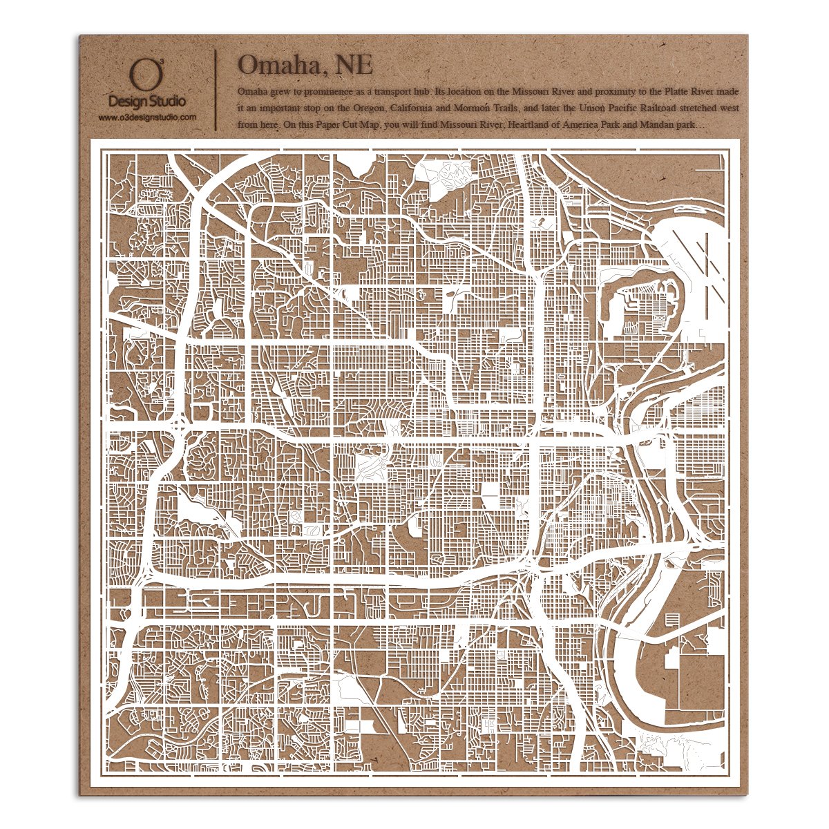 Omaha, NE Paper Cut Map by O3 Design Studio White 12x12 inches Paper Art