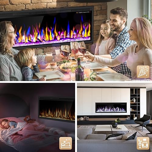 Miniatura 4 de Calentador eléctrico de chimenea de 50 pulgadas, chimenea lineal empotrada en la pared y montada en la pared, 13 colores de llama ajustables y 5