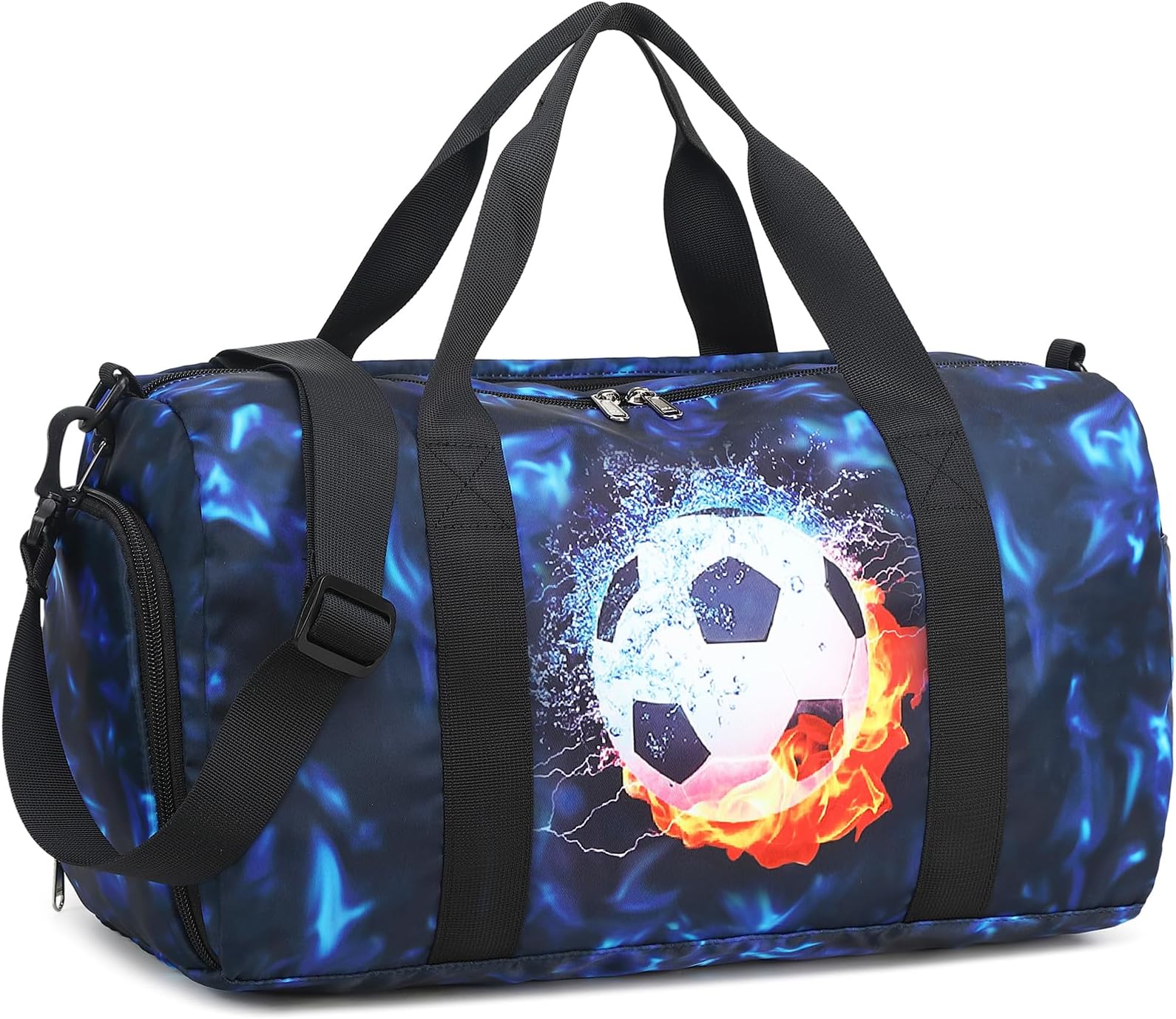 Kids Duffle Bag Boys Girls Overnight Travel Sport Gym Bag Weekender Carry On Shoulder Bag with Shoe Compartment & Wet Pocket (Soccer Black Blue)