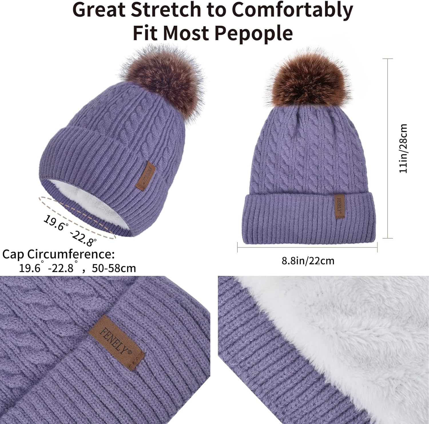 Winter Hat Scarf Gloves Set for Women, Classic Cable Beanie with Removable Pom Pom Long Scarf Touchscreen Gloves 3 in 1 Set - Image 6