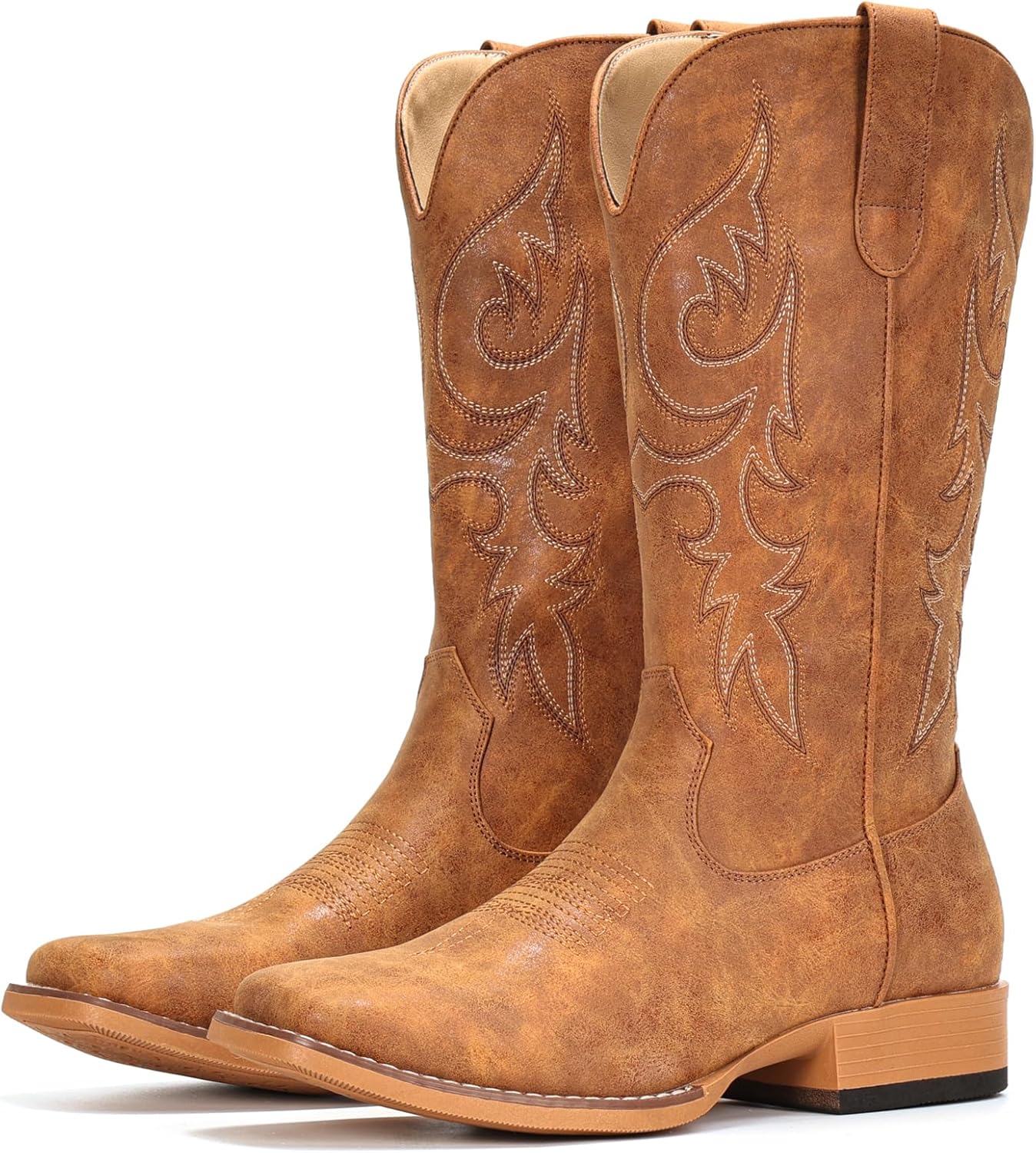 IUV Cowboy Boots for Women Mid Calf Square Toe Cowgirl Boots with Embroidery Pull On Fashion Retro Western Boot for Theme Party Country Concert