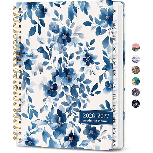 Planner 2026–2027, Academic Planner Weekly and Monthly Calendar Jul 2026 – Jun 2027 Hardcover Planner with Tabs and Pocket, Spiral Bound Agenda Book for Student & Teacher, 6.3" x 8.5", Watercolor Blue Floral