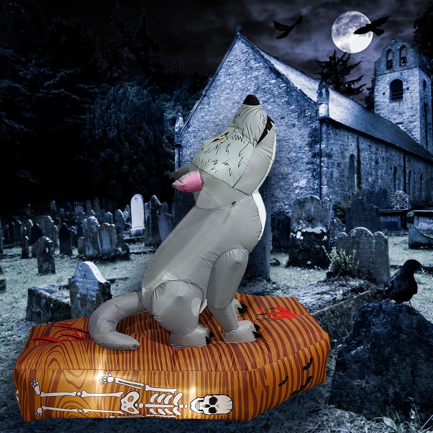 PRODUCTZ 6 Ft Scary Realistic Howling Wolf Stands On Coffin Halloween Inflatable Decoraions Cute Home Decor for Creepy Halloween Party Blow Up Prop Outdoor & Indoor/Outside Halloween Inflatables 6 Ft Wolf