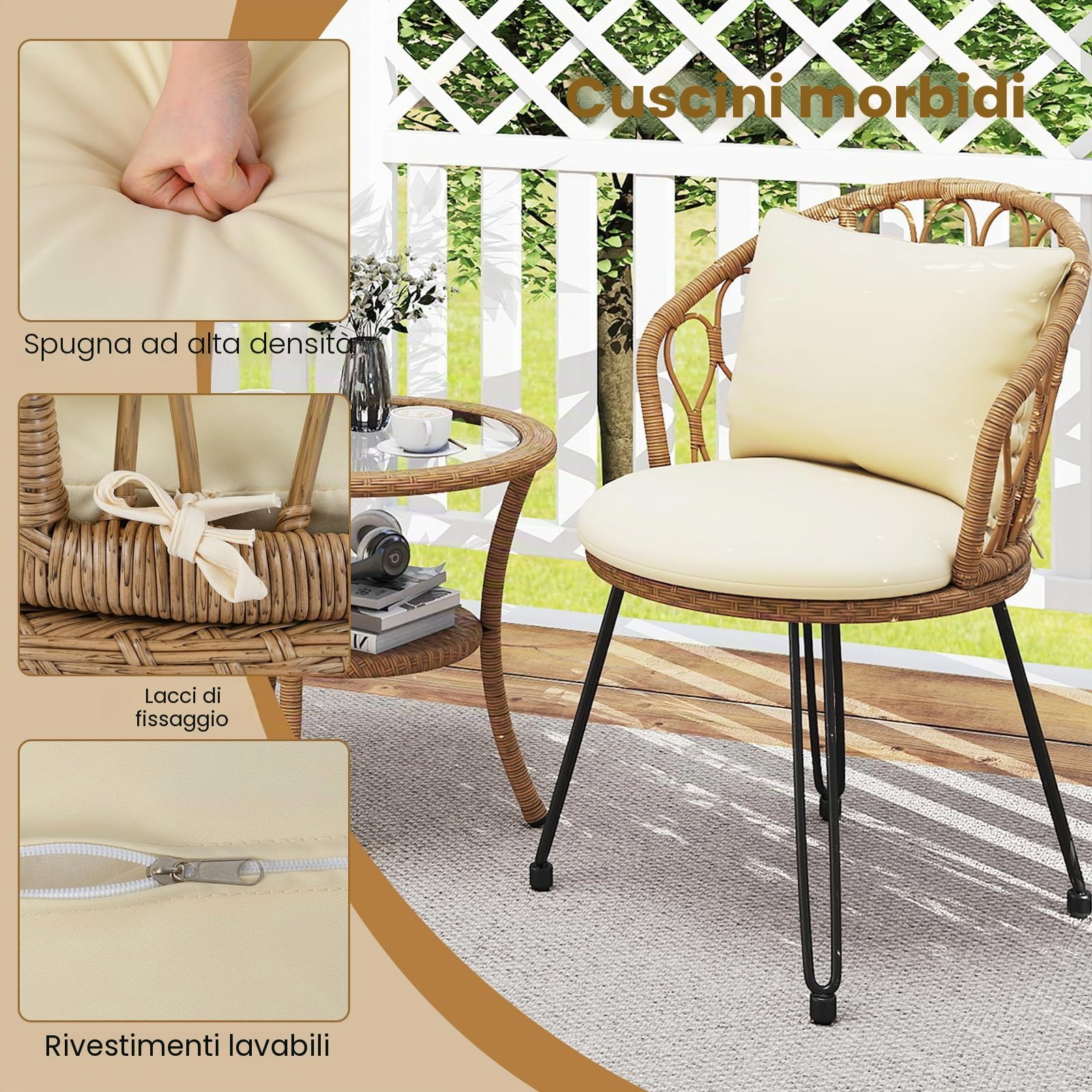 LIFEZEAL Set di 3 pezzi con tavolo in vetro temperato, cuscini per seduta e schienale, mobili da esterno per balcone, terrazza (55,5 x 57 x 81 cm)