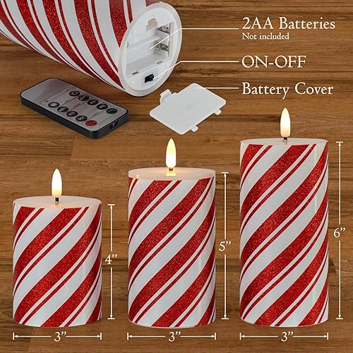 Miniatura 4 de Velas de pilar sin llama de rayas rojas con temporizador, velas parpadeantes de cera real que funcionan con pilas para decoración del hogar de