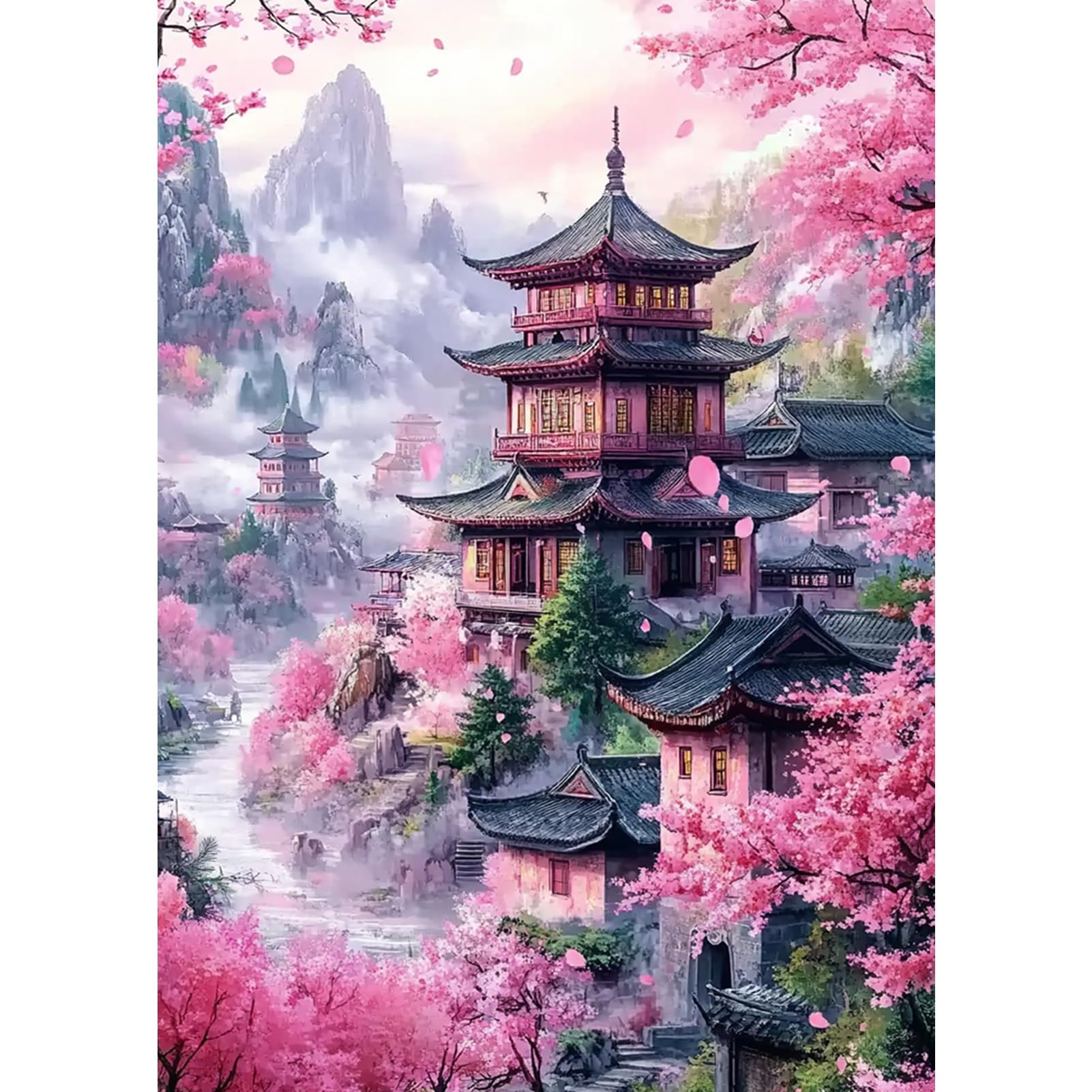 DAERLE Diamond Painting Flowers and Ancient Building, Diamond Art Kits for Adults Cherry Blossom Landscape