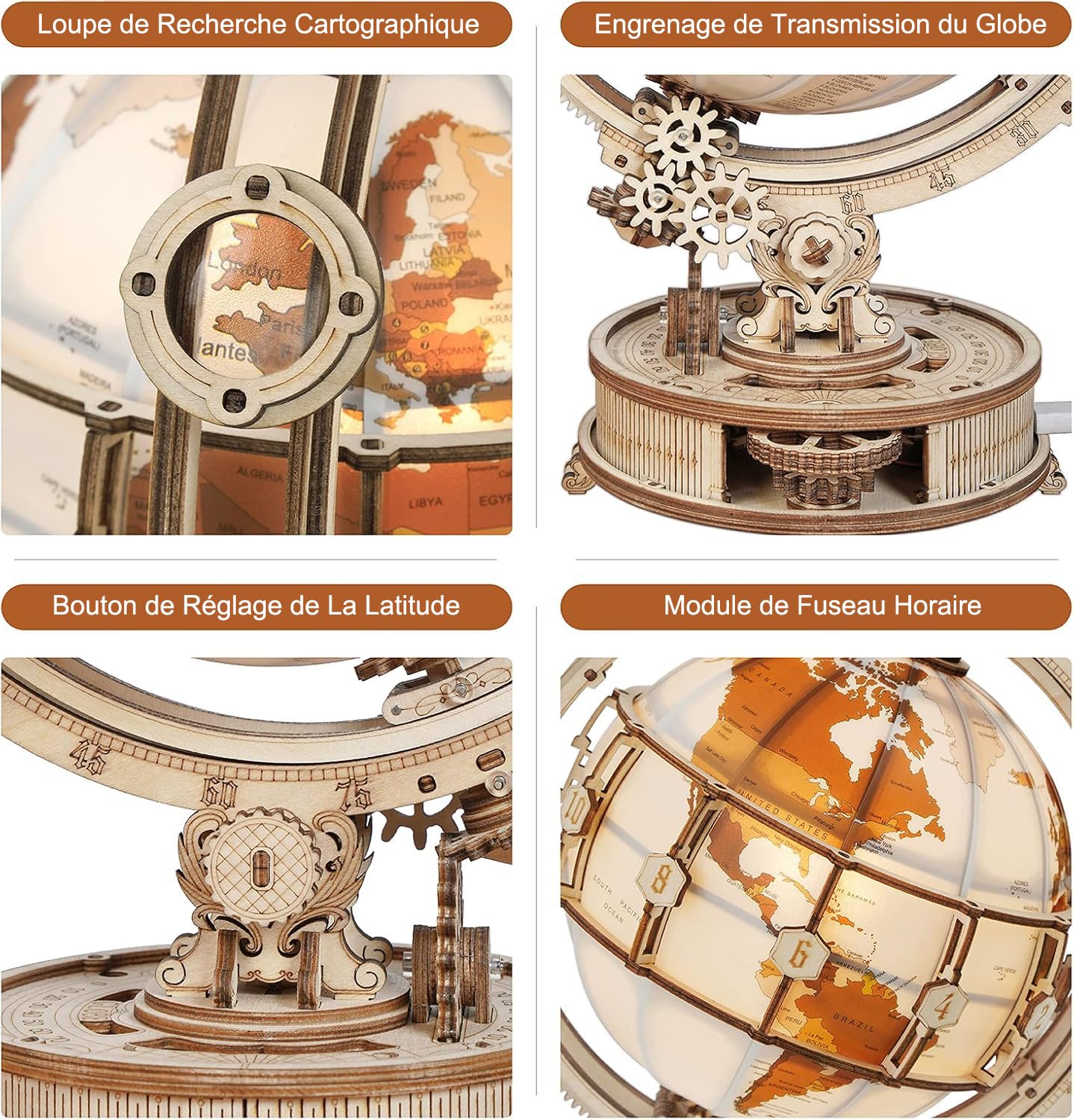ROKR Maquette Bois Puzzle Bois 3D Globe Lumineux Adulte Construction Adulte, 180 Pièces, Luminous Globe
