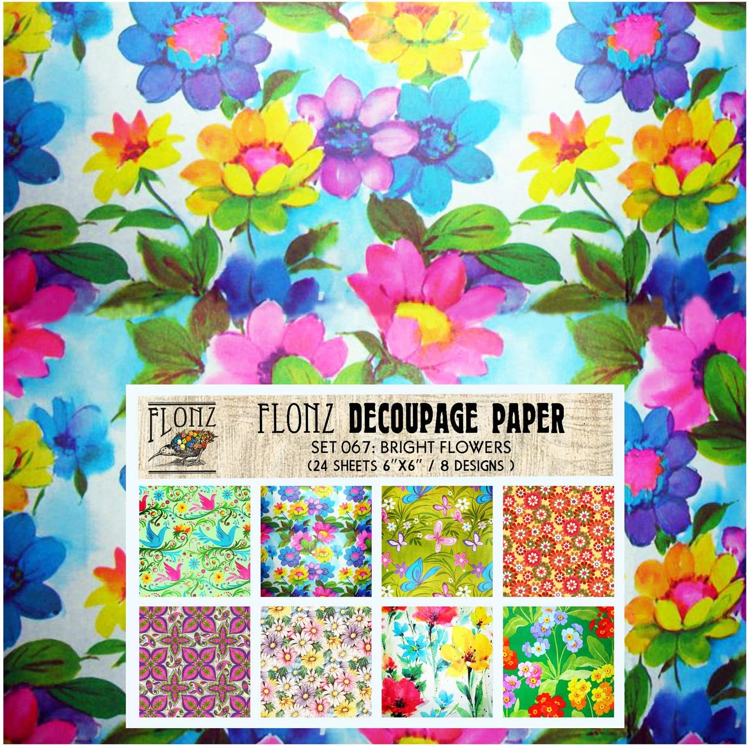 Decoupage Paper Pack (24 Sheets 6"x6") Bright Flowers FLONZ Vintage Styled Paper for Decoupage, Craft and Scrapbooking