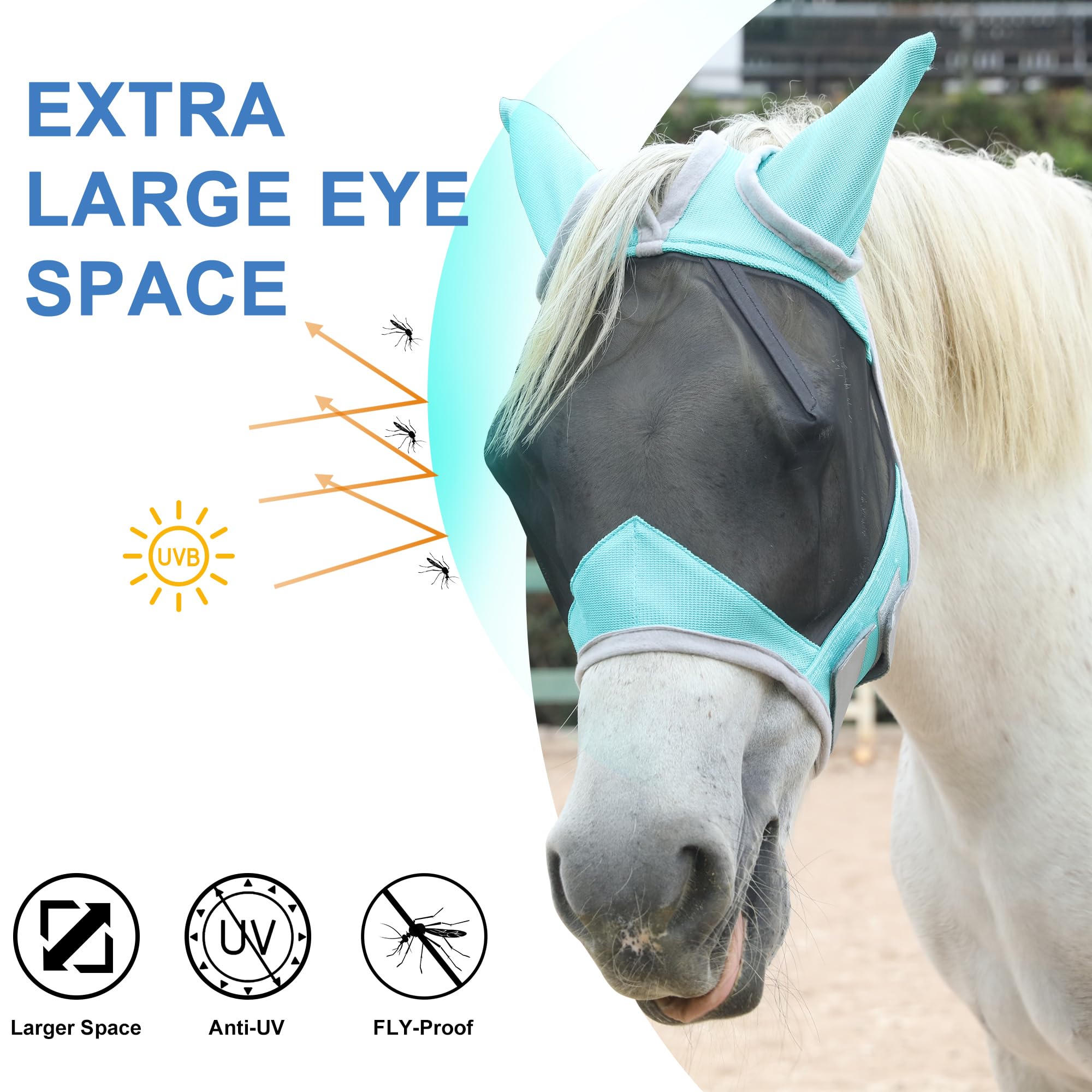Leberna Horse Fly Mask with Ears, Smoothly Protect Face and Ears from UV & from Insects(Turquoise, Cob) - Image 2