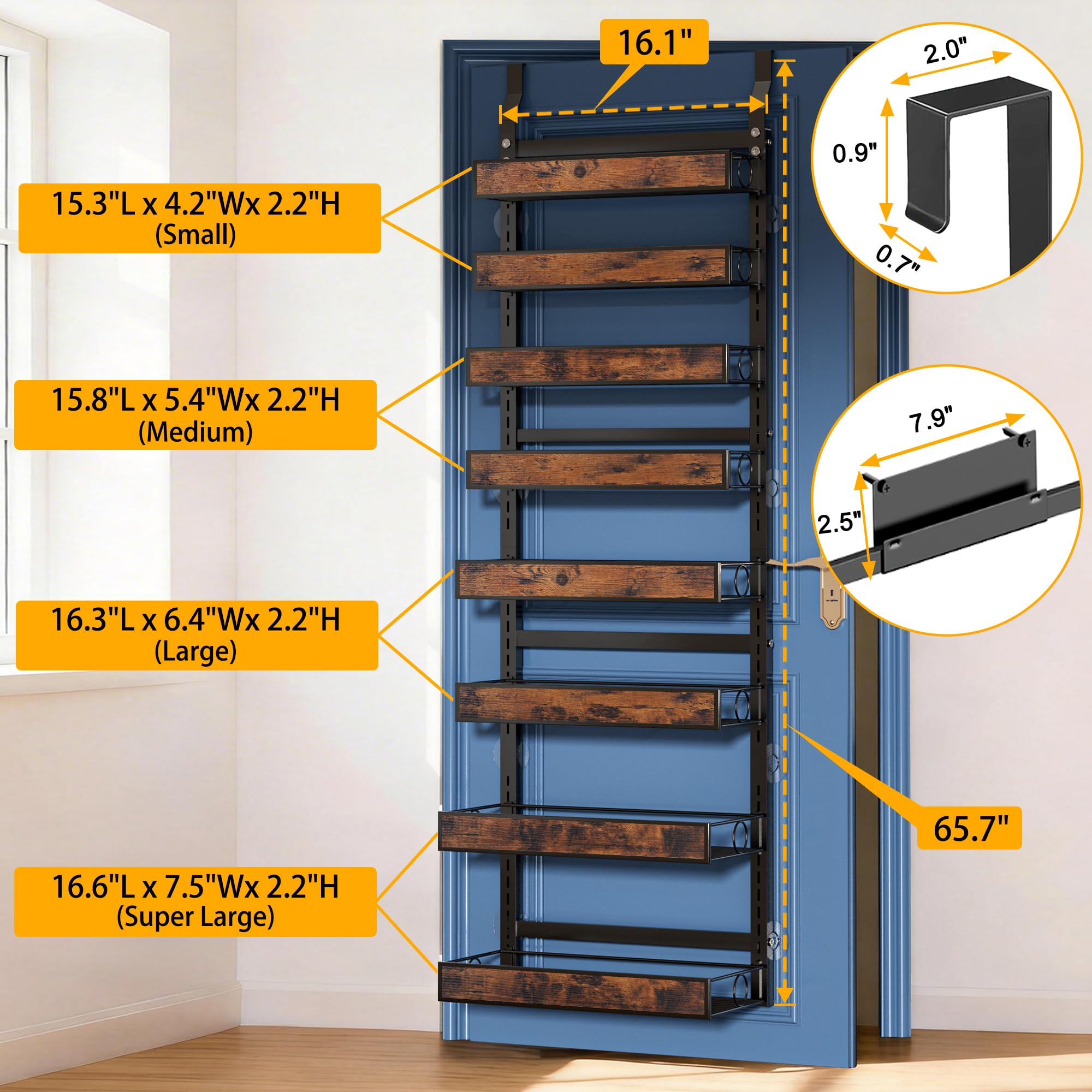 Orangizer für die Tür, 8 Etagen, Wandmontage oder über der Tür, Gewürzregal mit verstellbarem Holzkorb, Metall, robustes Regal hinter der Tür, Aufbewahrungsregal für Küche, Speisekammer und