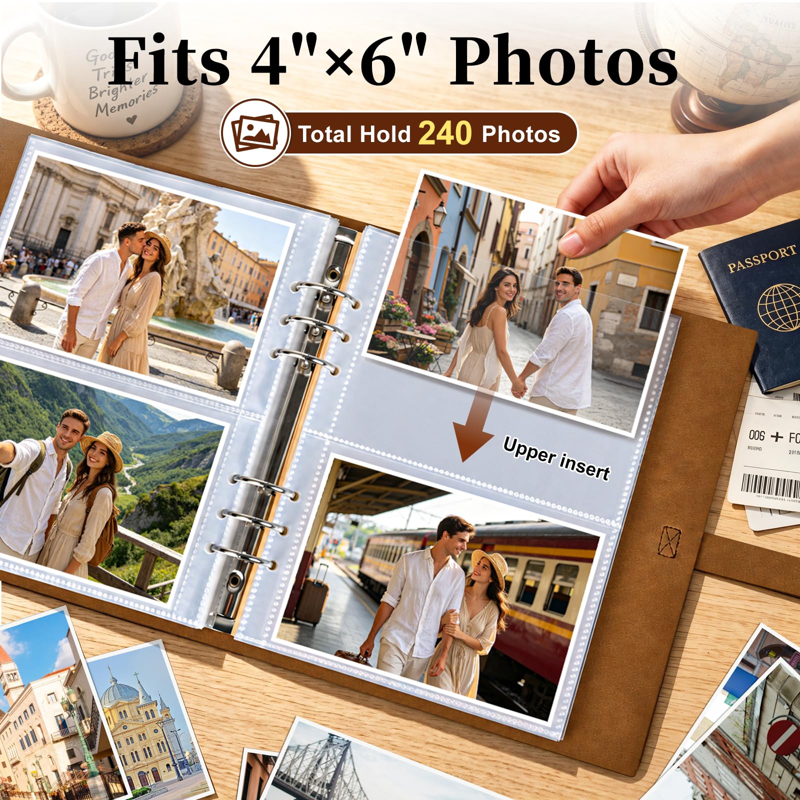 Álbum de fotos de cuero de 4 x 6 pulgadas, capacidad para 240 imágenes, álbum de recortes, 30 papeles de escritura kraft, álbum de fotos de bebé familiar con espacio de escritura, álbum de recuerdos