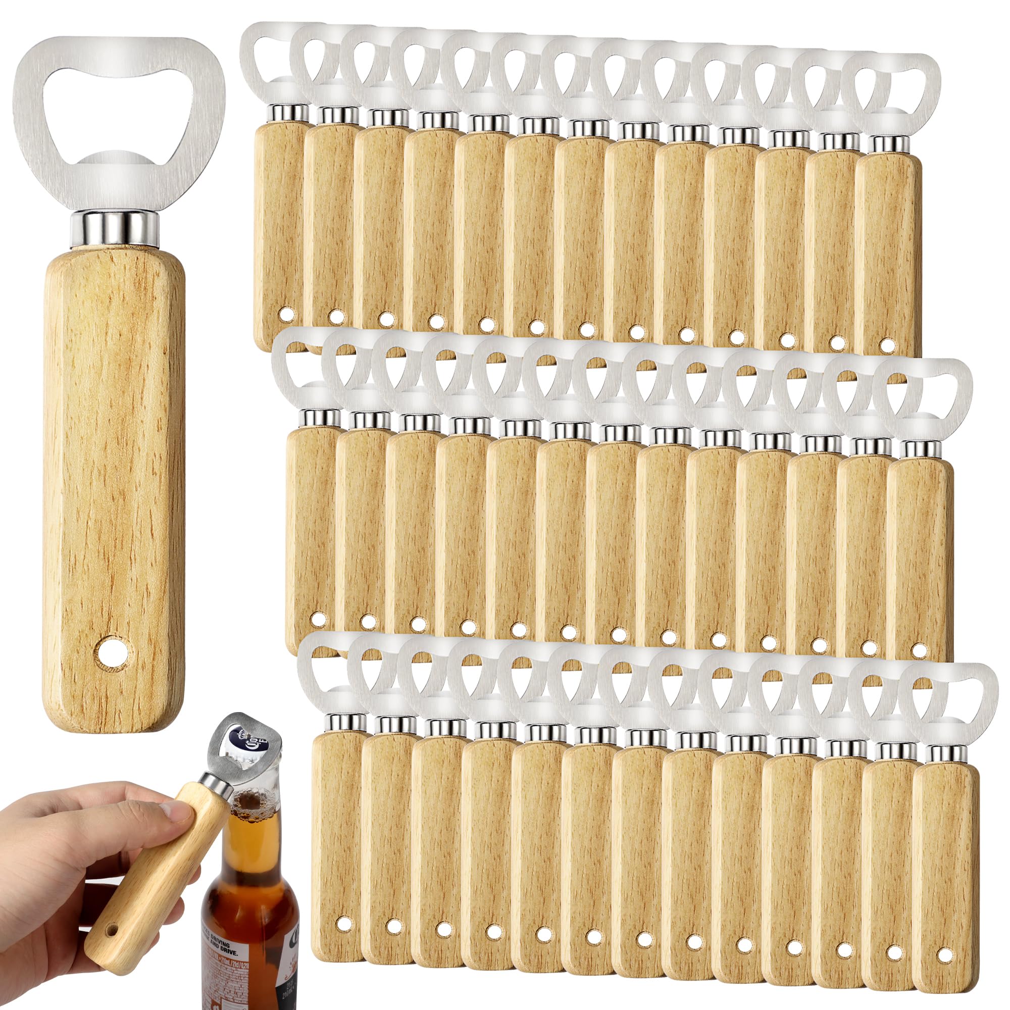 Engravable Wooden Bottle Openers, 40 Pieces Hand Beer Openers with Stainless Steel Heads and Hanging Hole – Custom Design for Home, Bar, Parties, and Gifts KH1340