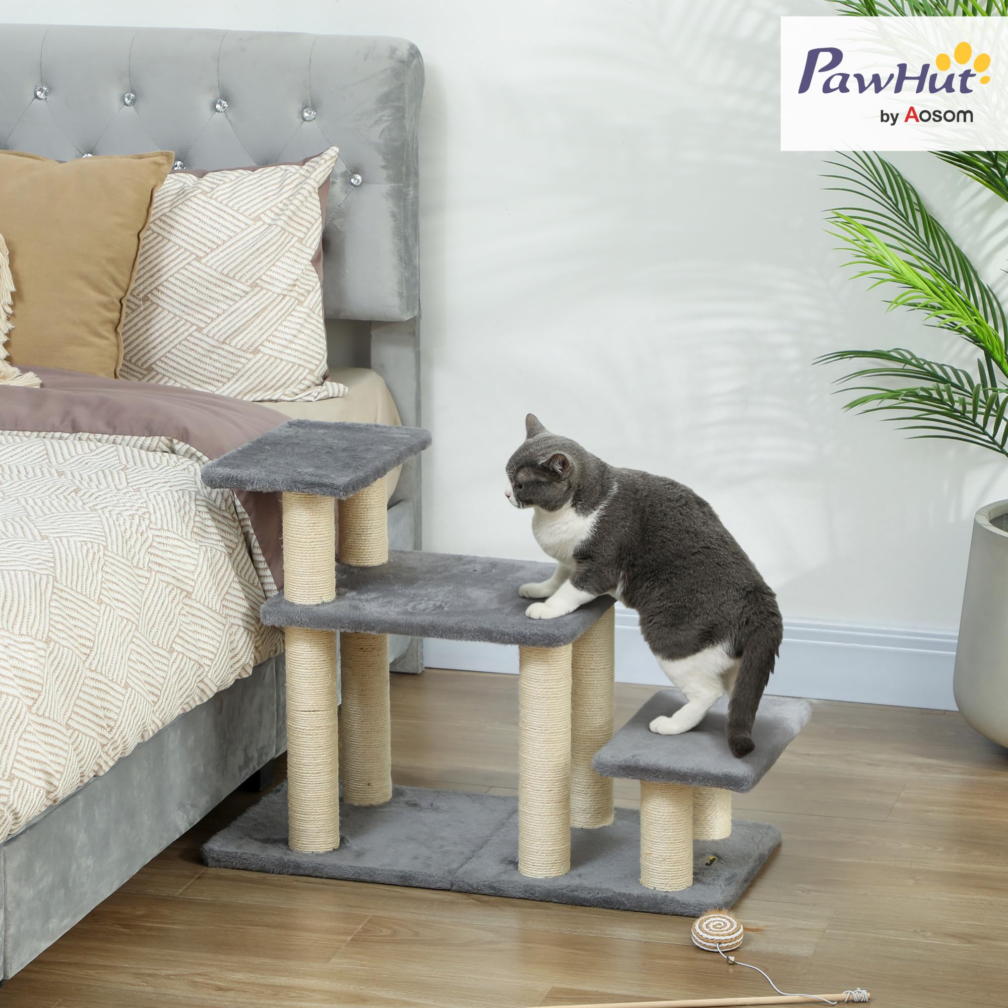 PawHut Escalera para Mascotas Ajustable de 3/4 Peldaños, Escalera para Gatos con Postes Rascadores y Bola Colgante, para Alféizares, Sofá y Cama, Gris