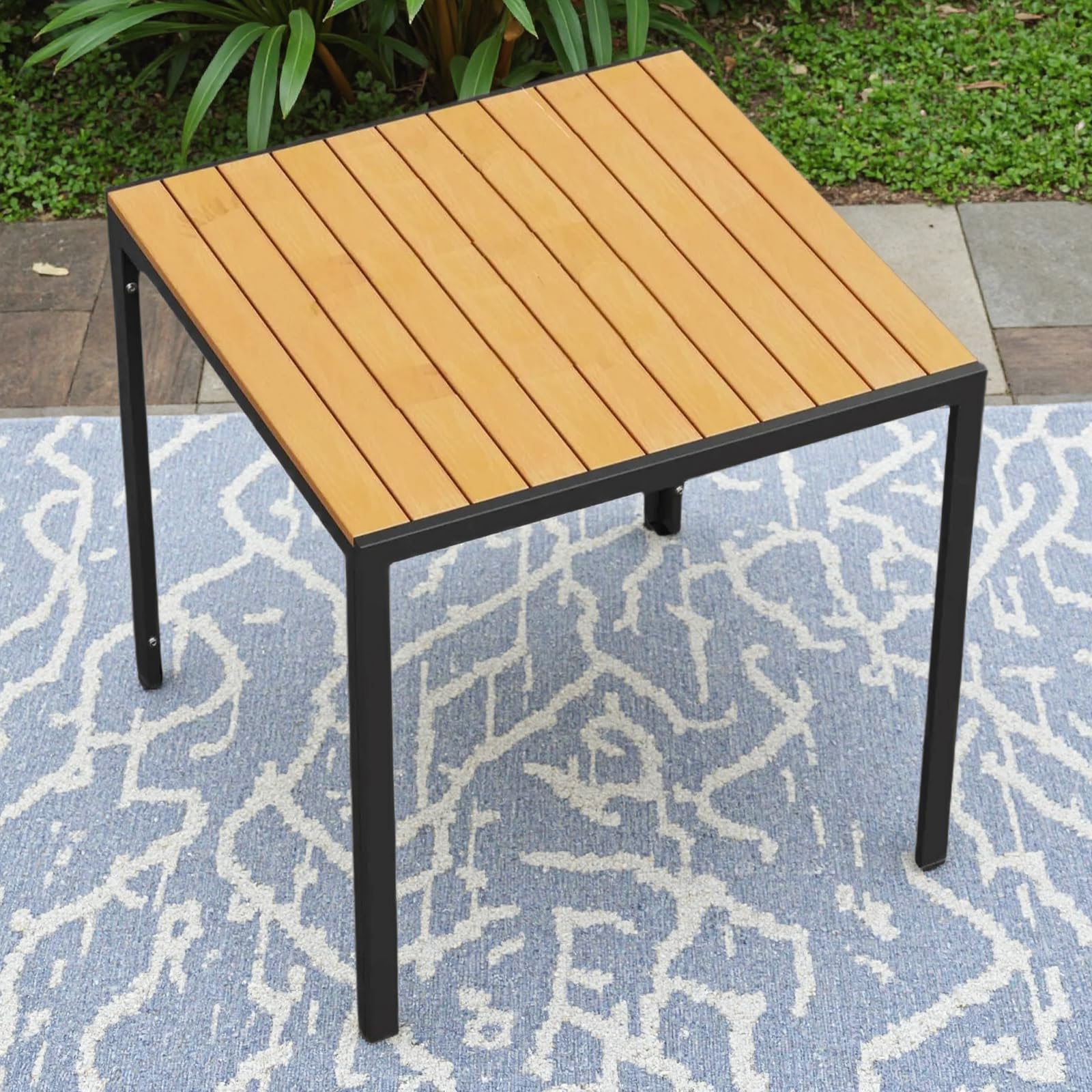 Clevich Tavolo da giardino resistente alle intemperie, 75 x 75 cm, quadrato in alluminio con piano in WPC, tavolo da pranzo per balcone e terrazza, facile da pulire e durevole, nero e teak