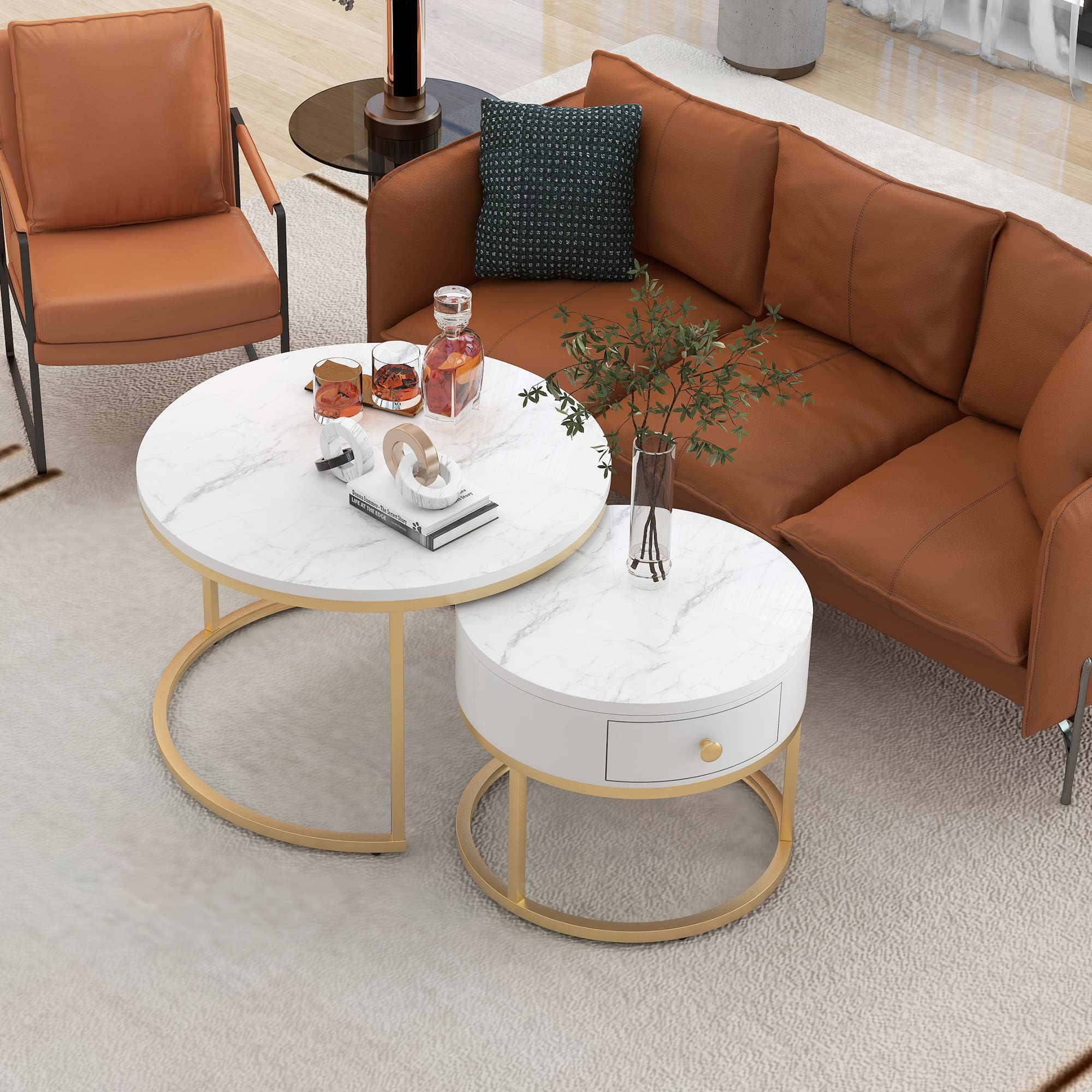 Merax Lot de 2 tables basses rondes, table d'appoint moderne pour salon avec tiroir, piétement en métal doré, motif marbre, tables de canapé pour chambre, balcon, bureau, Blanc