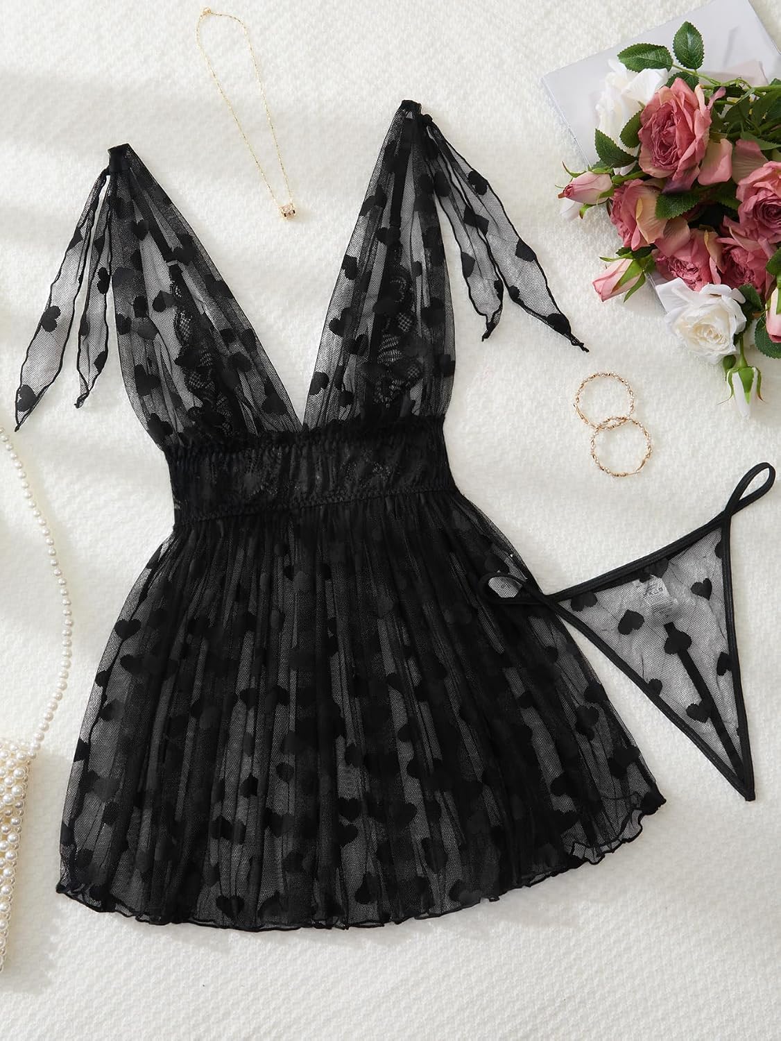 Foxiny Sexy V Neck Slip Mesh Polka Dots Floral Lace Sheer Exotic Babydoll Lingerie Dress 2 Piece