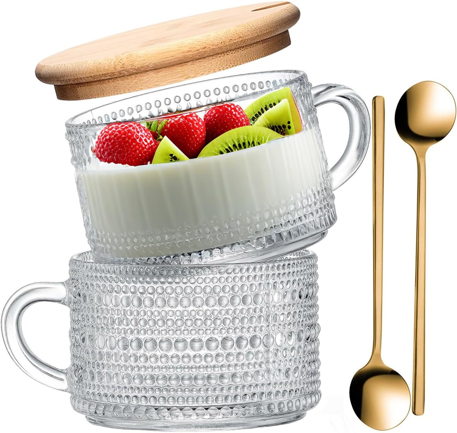 2 Pcs Vintage Coffee Mugs – 14oz Clear Glass Tea Cups with Lids and Spoons – Ideal Iced Coffee Cups for Housewarming Gifts & Coffee Bar Accessories, Gifts for Women, White Elephant