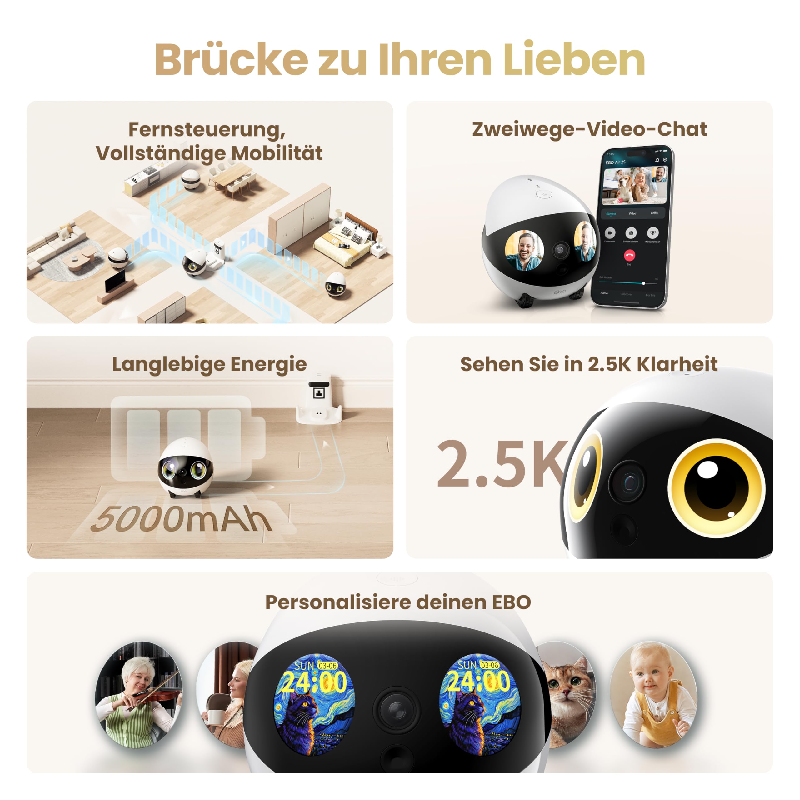 EBO Air 2S FamilyBot Haustierkamera-Roboter 2.5K mit KI-Tierverfolgung