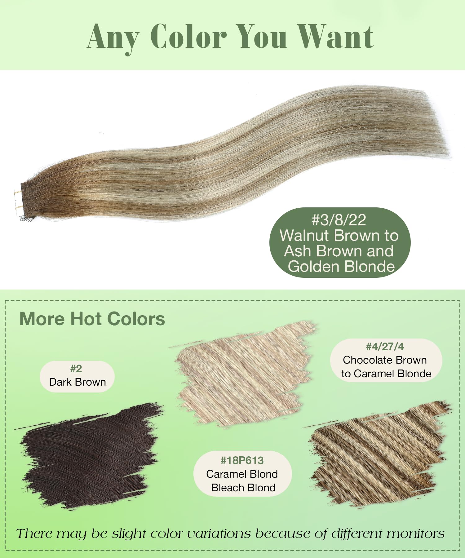 SURNEL Extensiones Adhesivas Pelo Natural Marrón Más Oscuro Desvaneciendo a Marrón Ash Resaltado con Rubio 55cm 50g 20Piezas Extensiones Adhesivas Pelo Humano Natural(T#3/8/22-55cm)