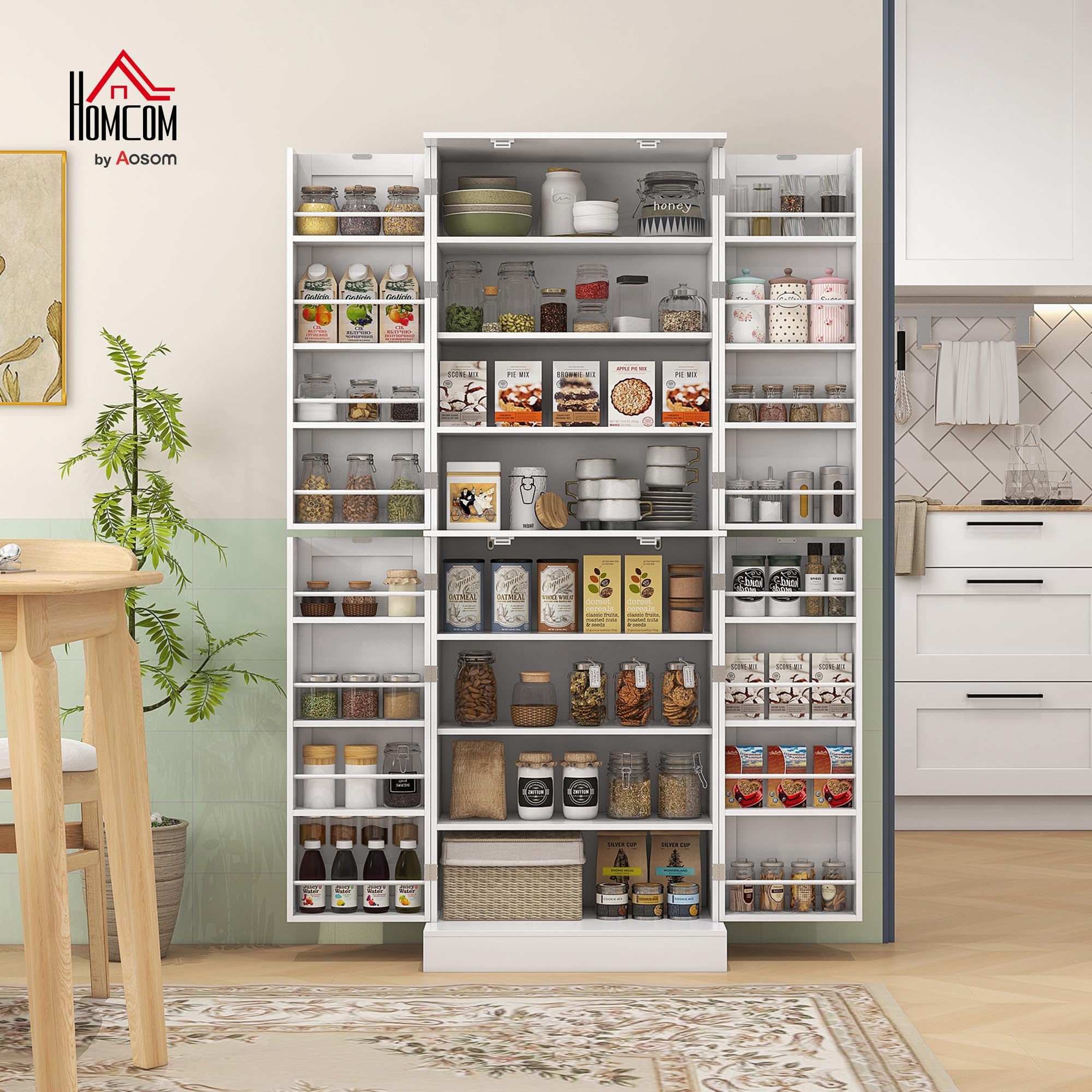 HOMCOM Alacena de Cocina Alta, Armario Despensa Cocina Moderno con 4 Puertas con Estantes, Estantes Ajustables, Alacena para Sala de Estar, Comedor, Blanco