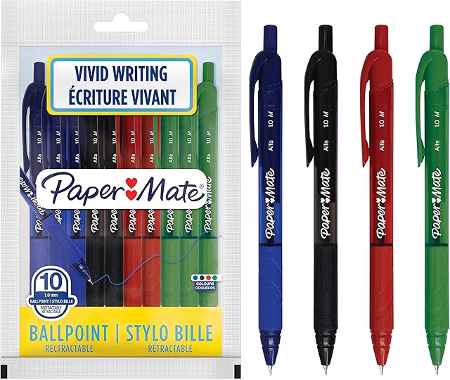 Paper Mate Alfa Retractable Ballpoint Pens | Medium Point (1.0 mm) | Assorted Ink | 10 Count