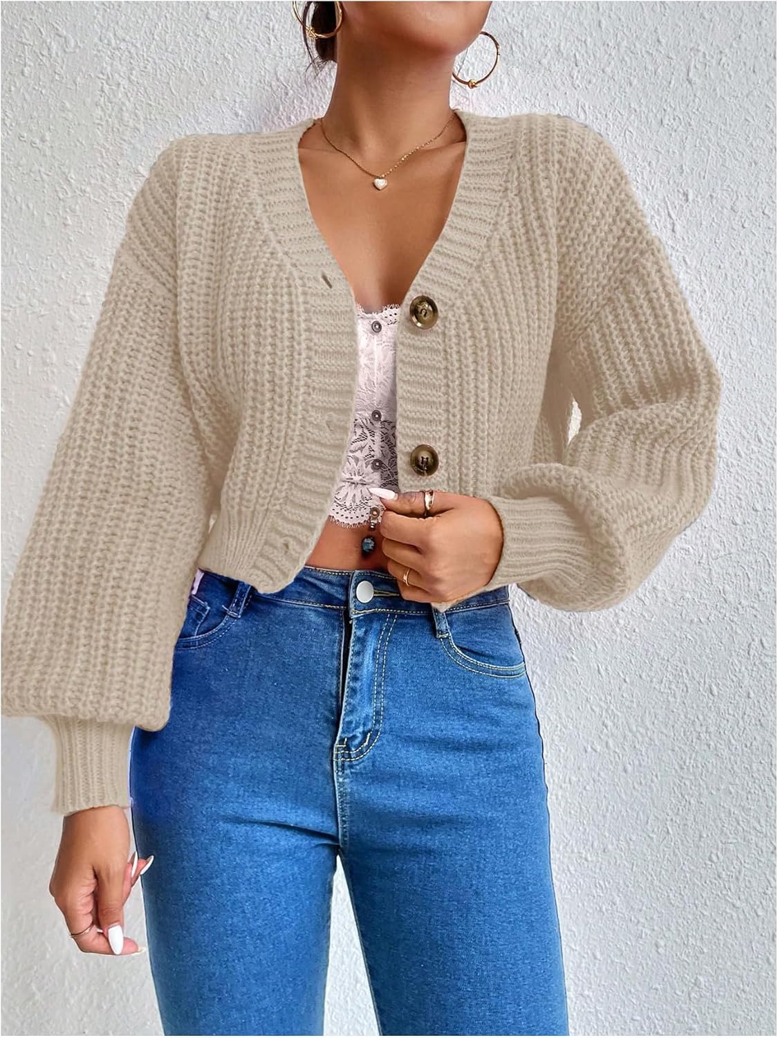 GORGLITTER Women's Cropped Cardigan Sweaters Light Weight Button Up Chunky Knit Long Sleeve Trendy 2025 Outfits - Image 4