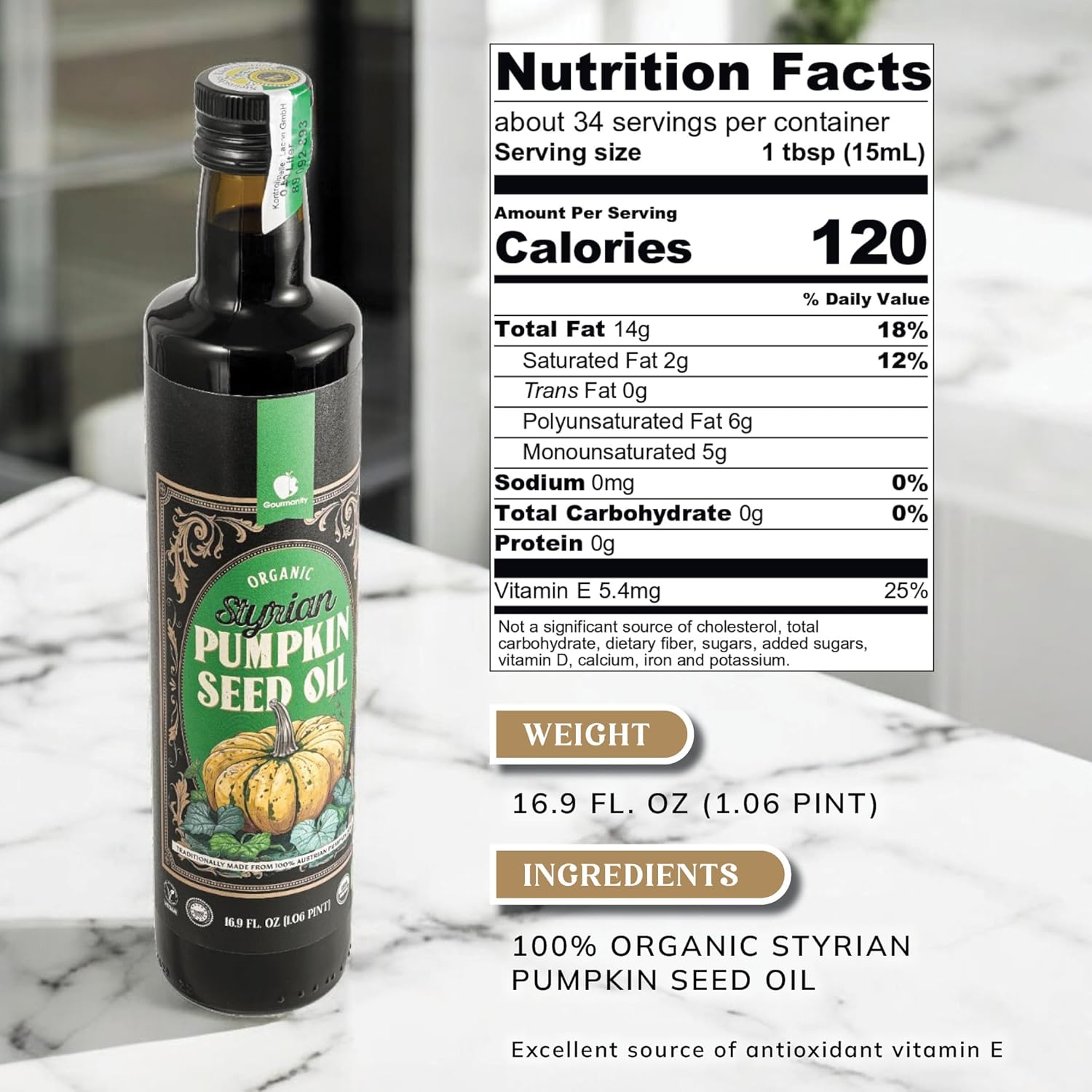 Organic Cold Pressed Styrian Pumpkin Seed Oil - Authentic Austrian Pumpkin Oil 16.9oz | Non-GMO, Keto & Vegan