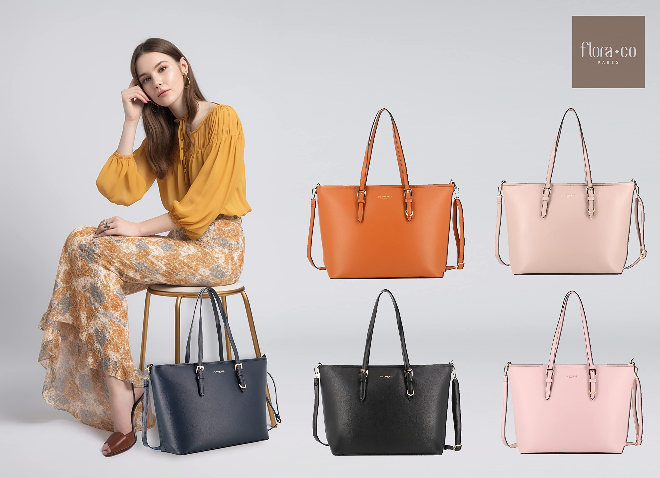 flora & co - Grand Sac à Main Femme Format A4 Similicuir Grainé - Sac Cabas Fourre-Tout Cours Lycée - Sac Shopping Taille XL Léger - Elégant Classique - CAMEL